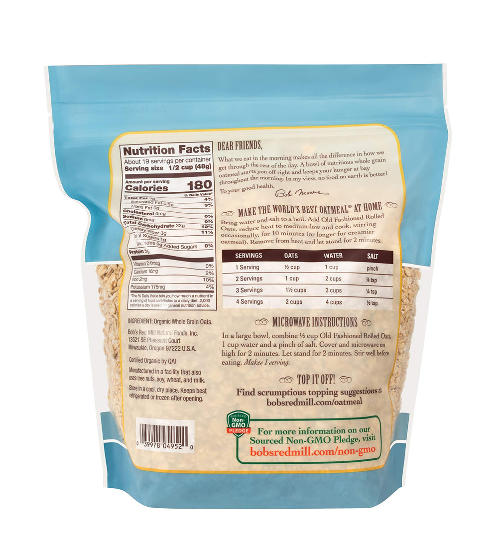 Bob's Red Mill bolsa abierta con cuchara mostrando facilidad de servicio