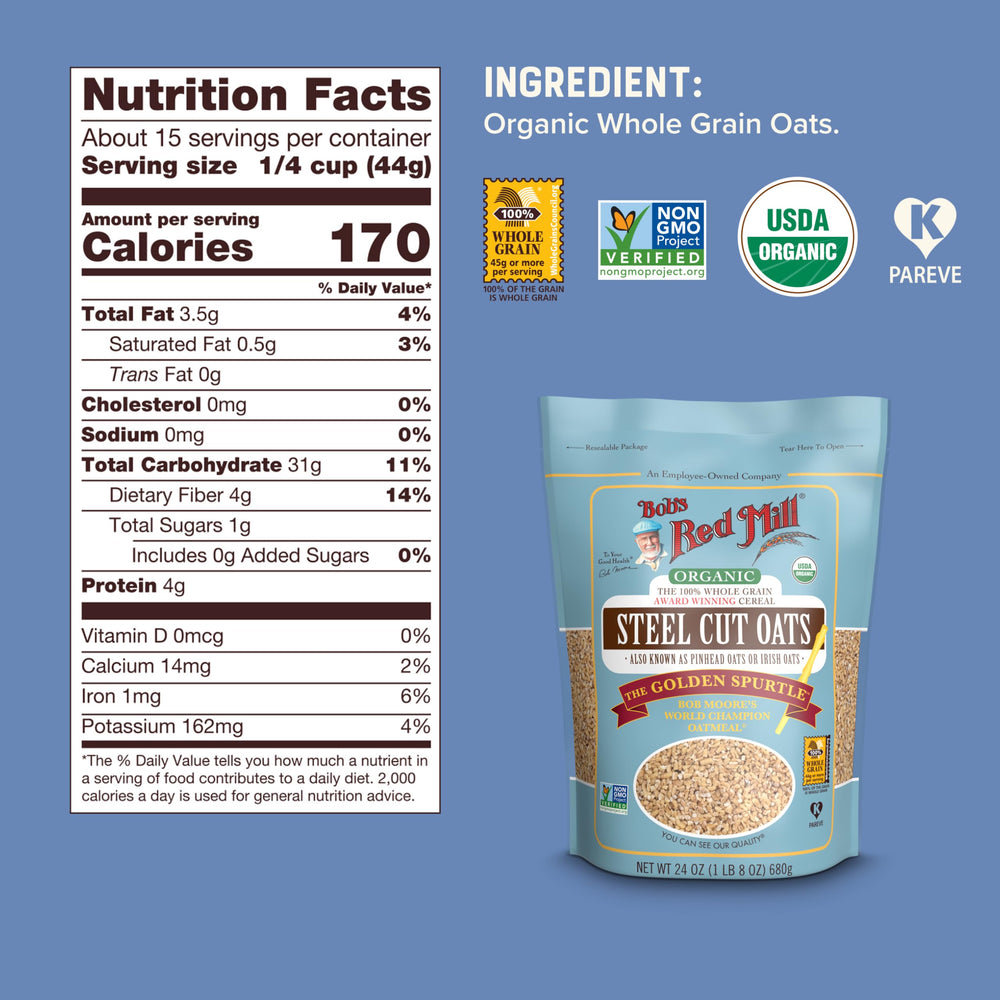 Bob's Red Mill paquete junto a mano para visualizar tamaño y porciones