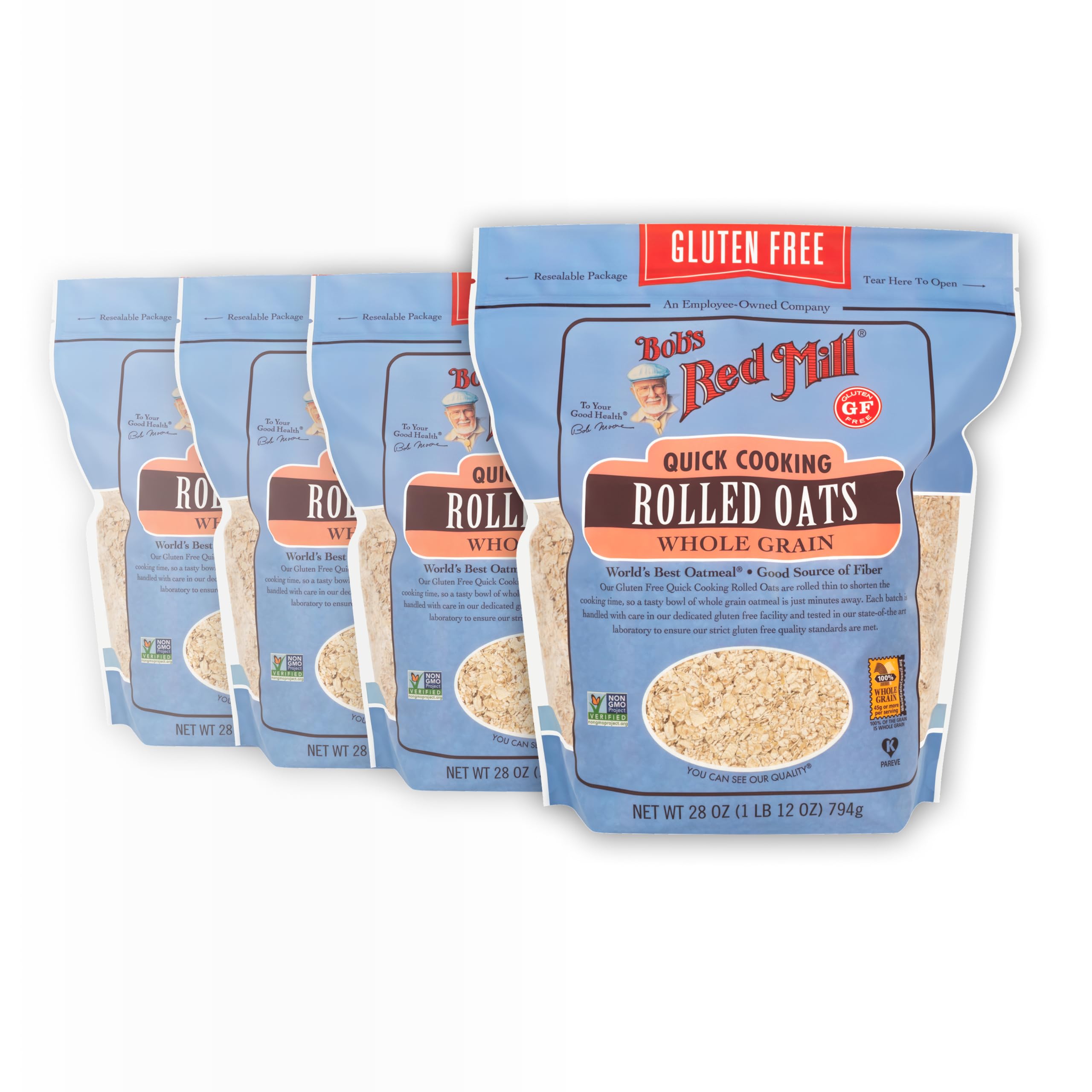Bob's Red Mill frente del paquete mostrando avena rápida y beneficio de cocción veloz