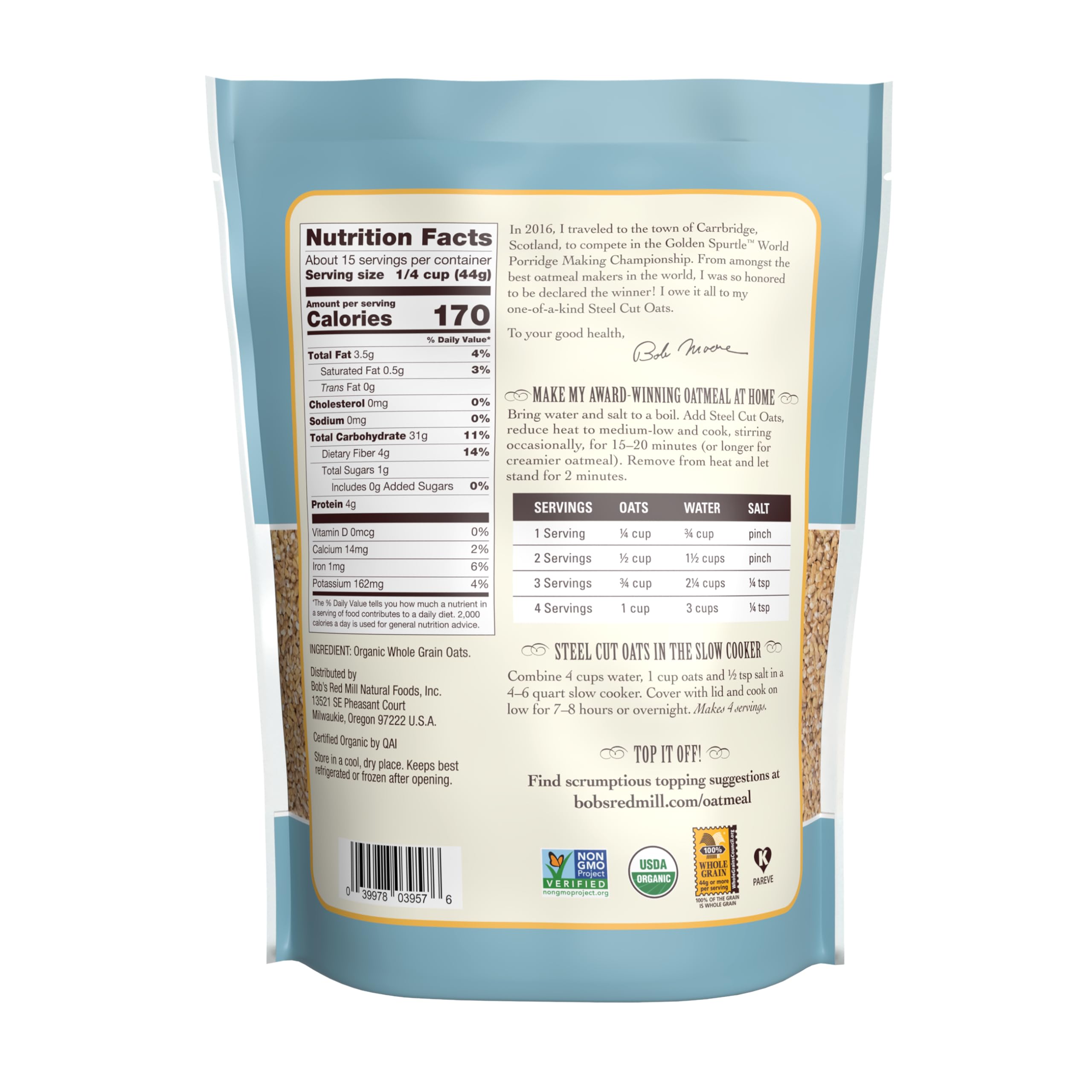 Bob's Red Mill porridge en cuenco listo para servir con toppings saludables