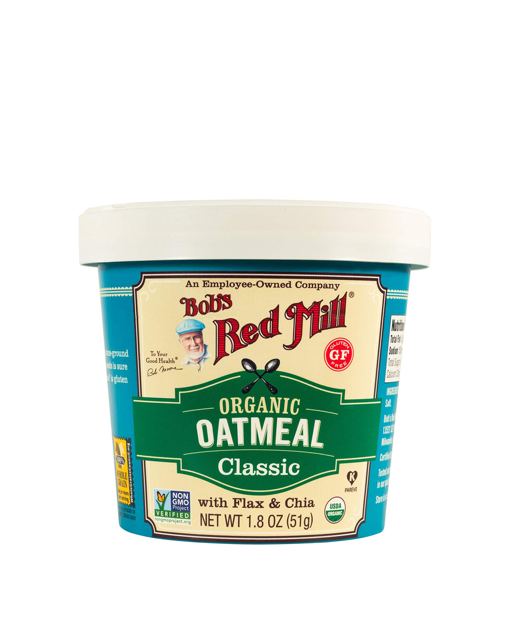 Bob's Red Mill textura de avena cerca con linaza y chía aportando fibra