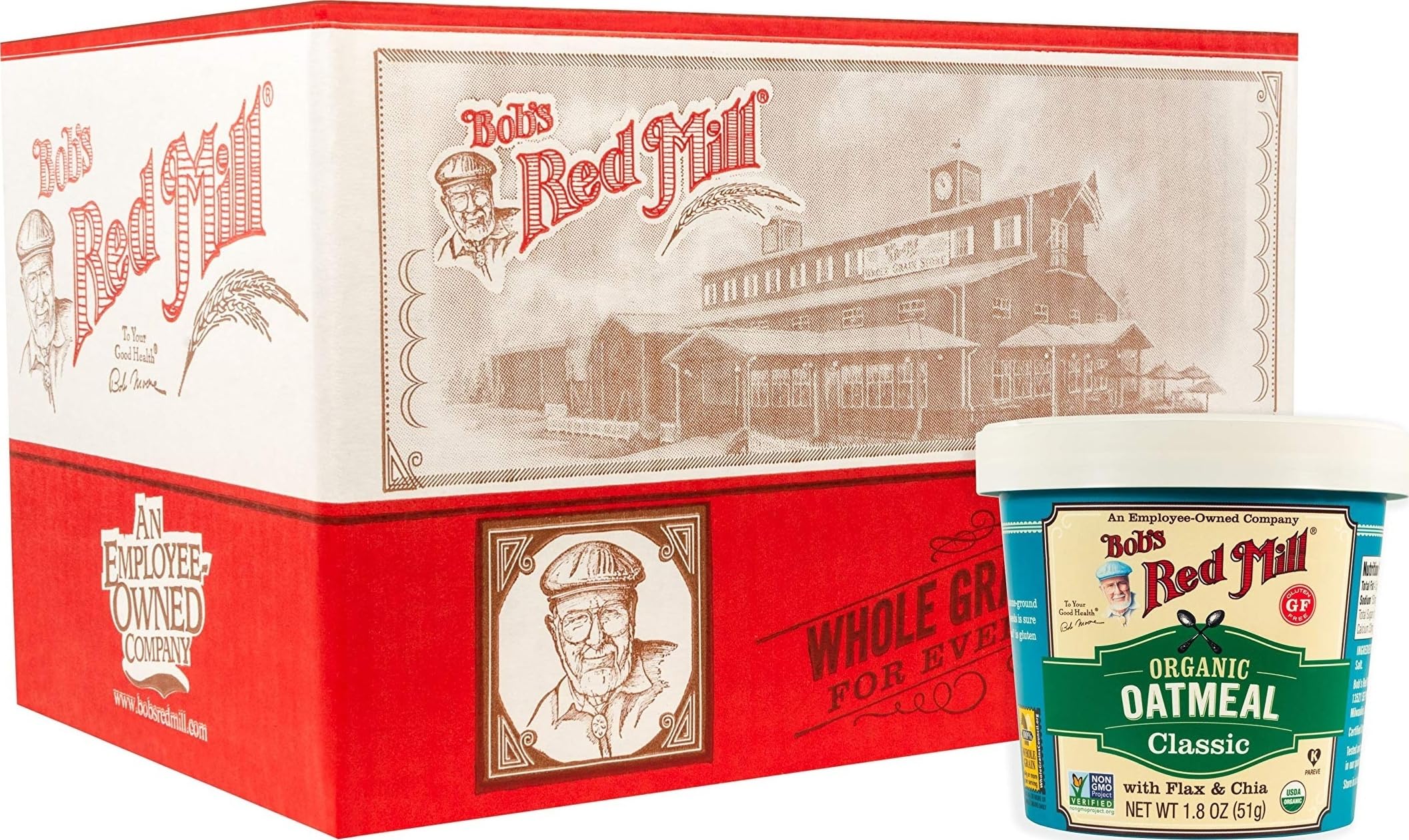 Bob's Red Mill vaso frontal mostrando envase práctico y nutritivo