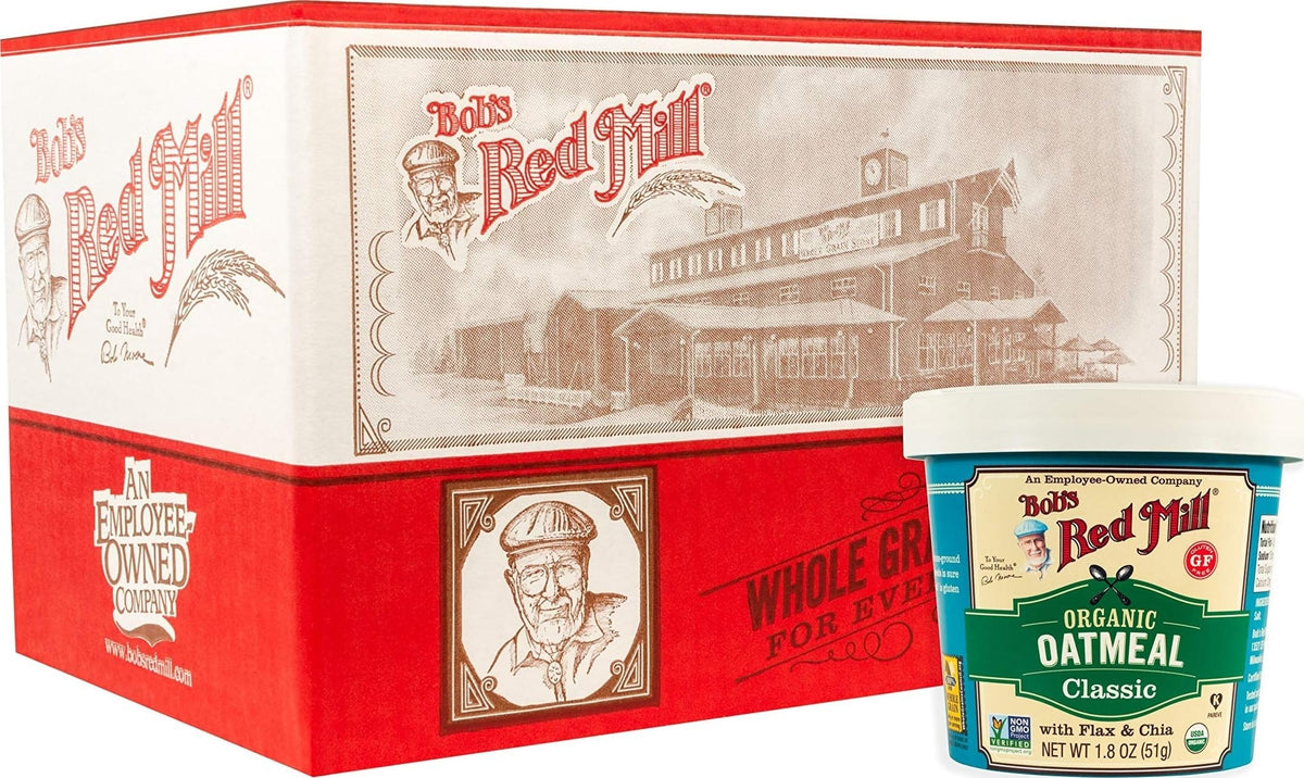 Bob's Red Mill vaso frontal mostrando envase práctico y nutritivo