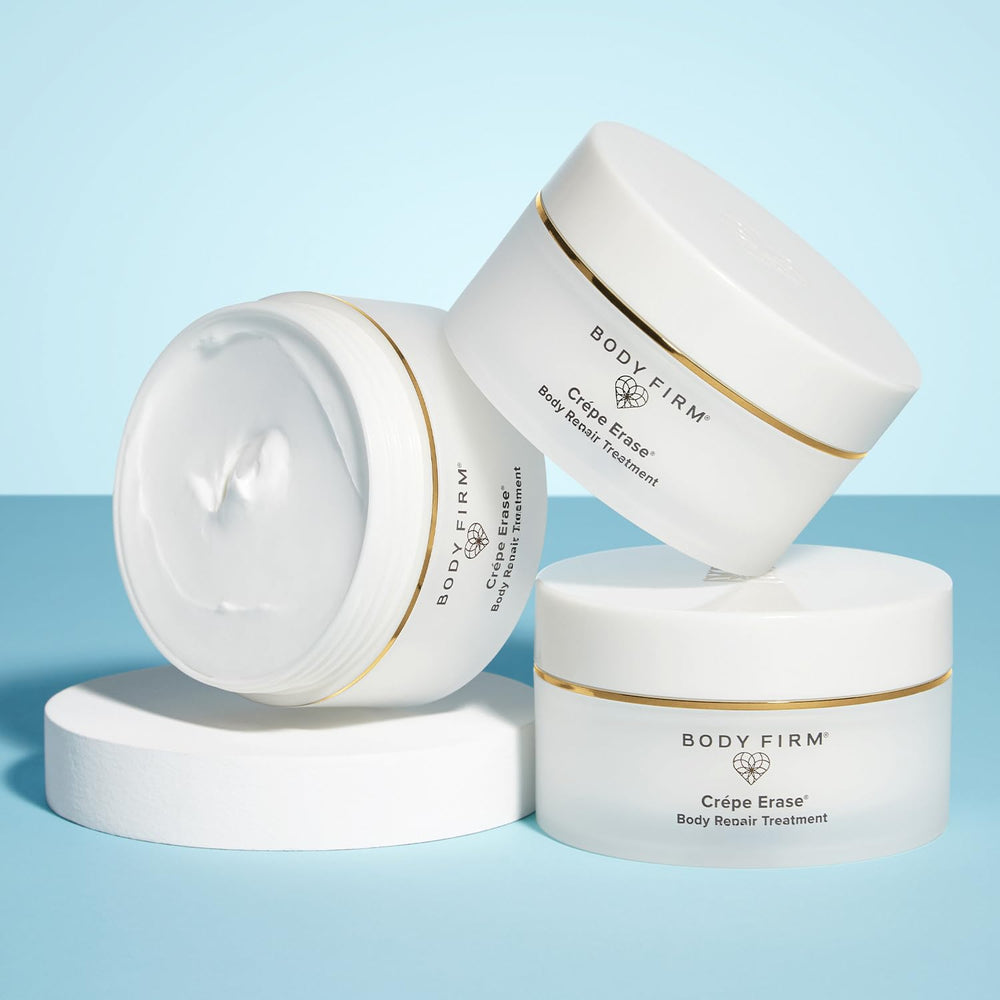 BODY FIRM tarro abierto con crema visible, ilustra rica textura y cobertura amplia