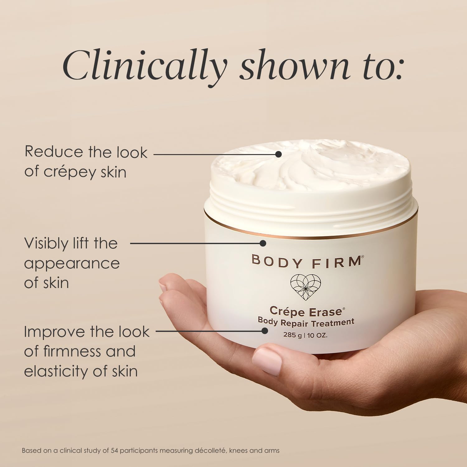 BODY FIRM textura cremosa en primer plano, demuestra absorción rápida y suavidad