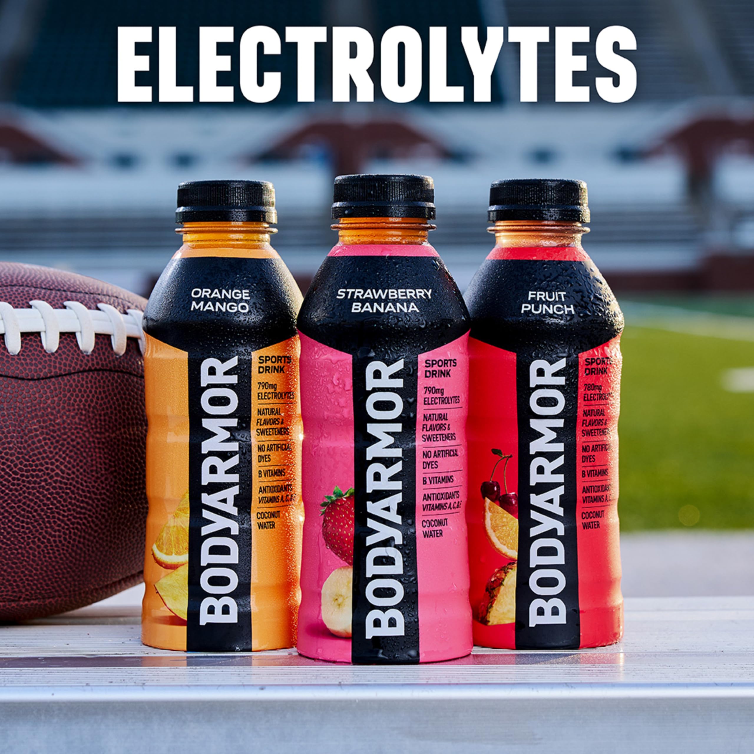 BODYARMOR botella de 16 oz en mano mostrando tamaño práctico