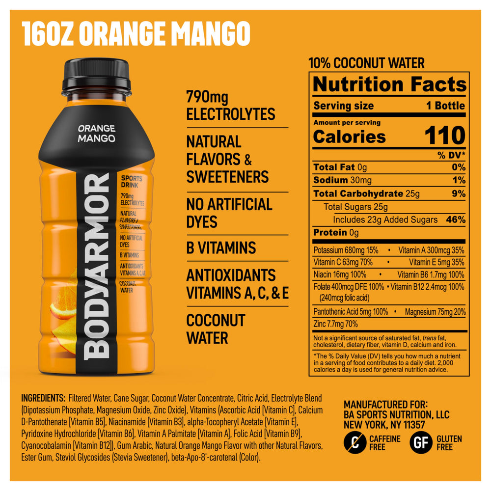 BODYARMOR botella junto a naranja y mango mostrando sabor real