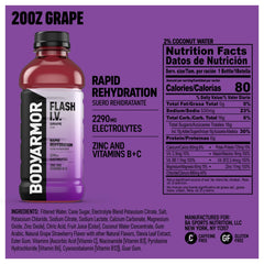 Primer plano de la etiqueta BODYARMOR Flash I.V. Grape destacando electrolitos