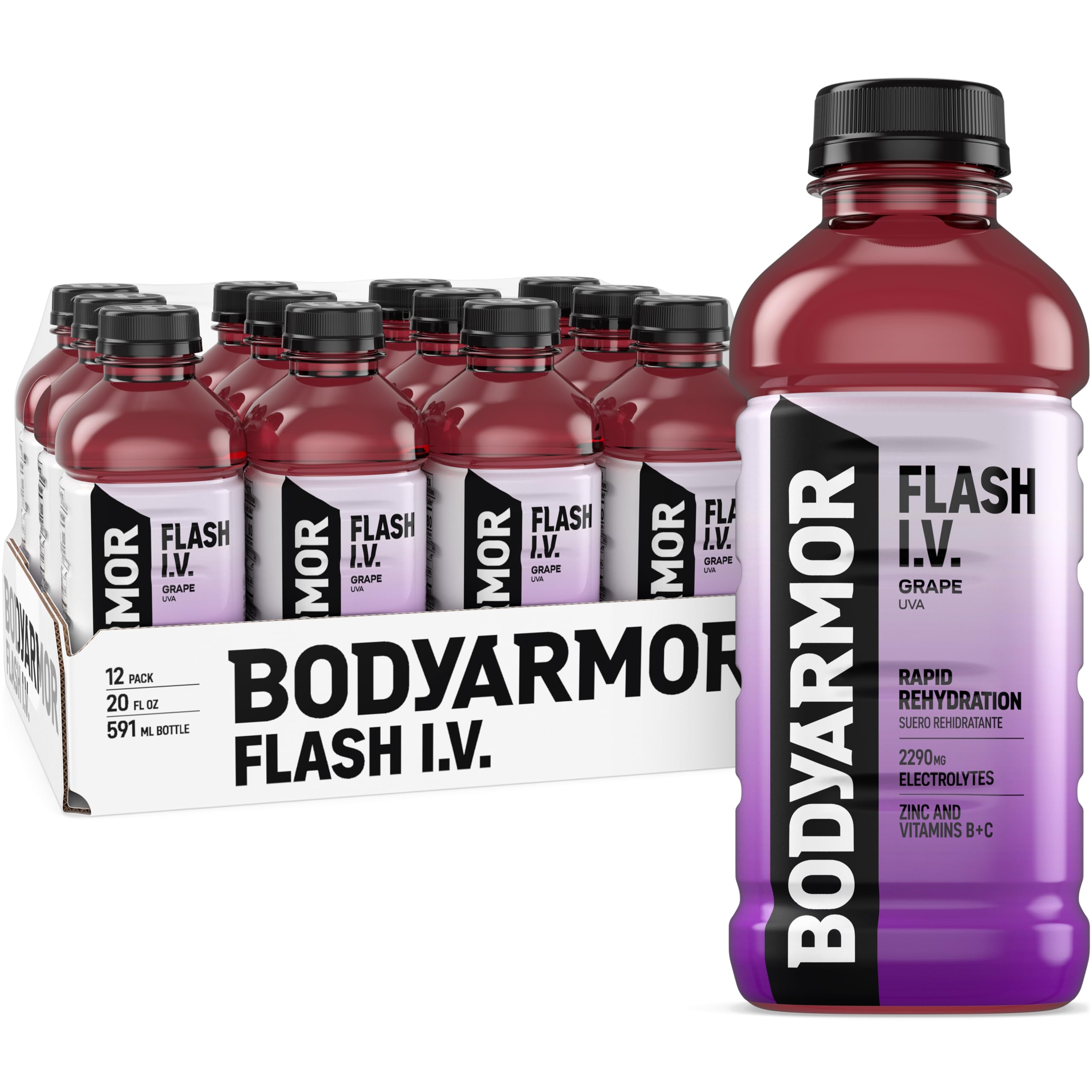 BODYARMOR Flash I.V. Grape vista frontal mostrando botella y etiqueta clara