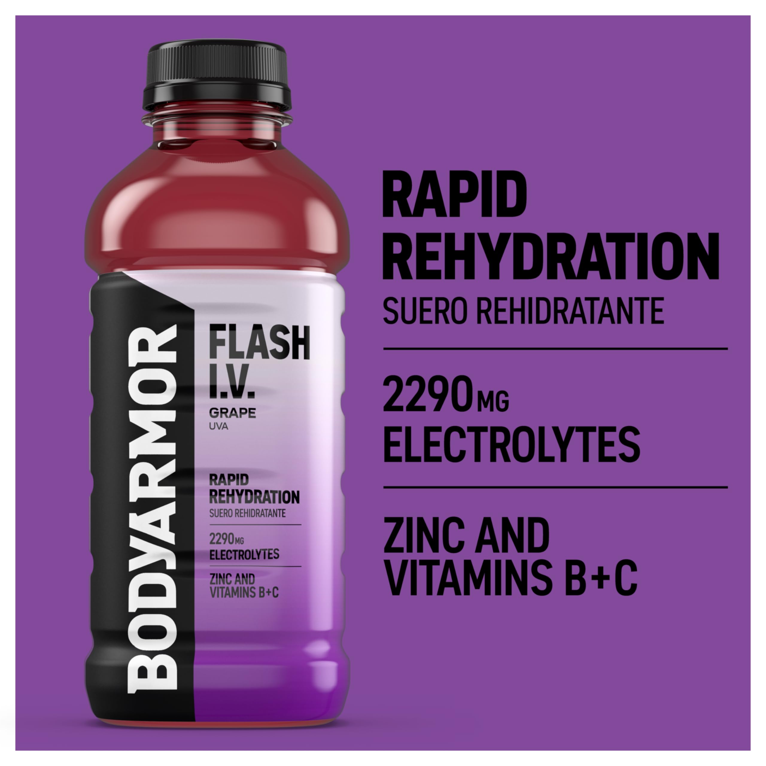 Pack de 12 botellas BODYARMOR Flash I.V. Grape listo para almacenamiento y uso frecuente