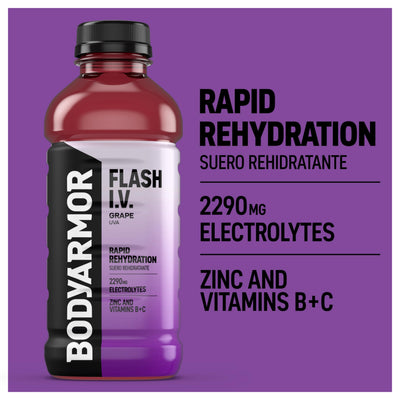 Pack de 12 botellas BODYARMOR Flash I.V. Grape listo para almacenamiento y uso frecuente