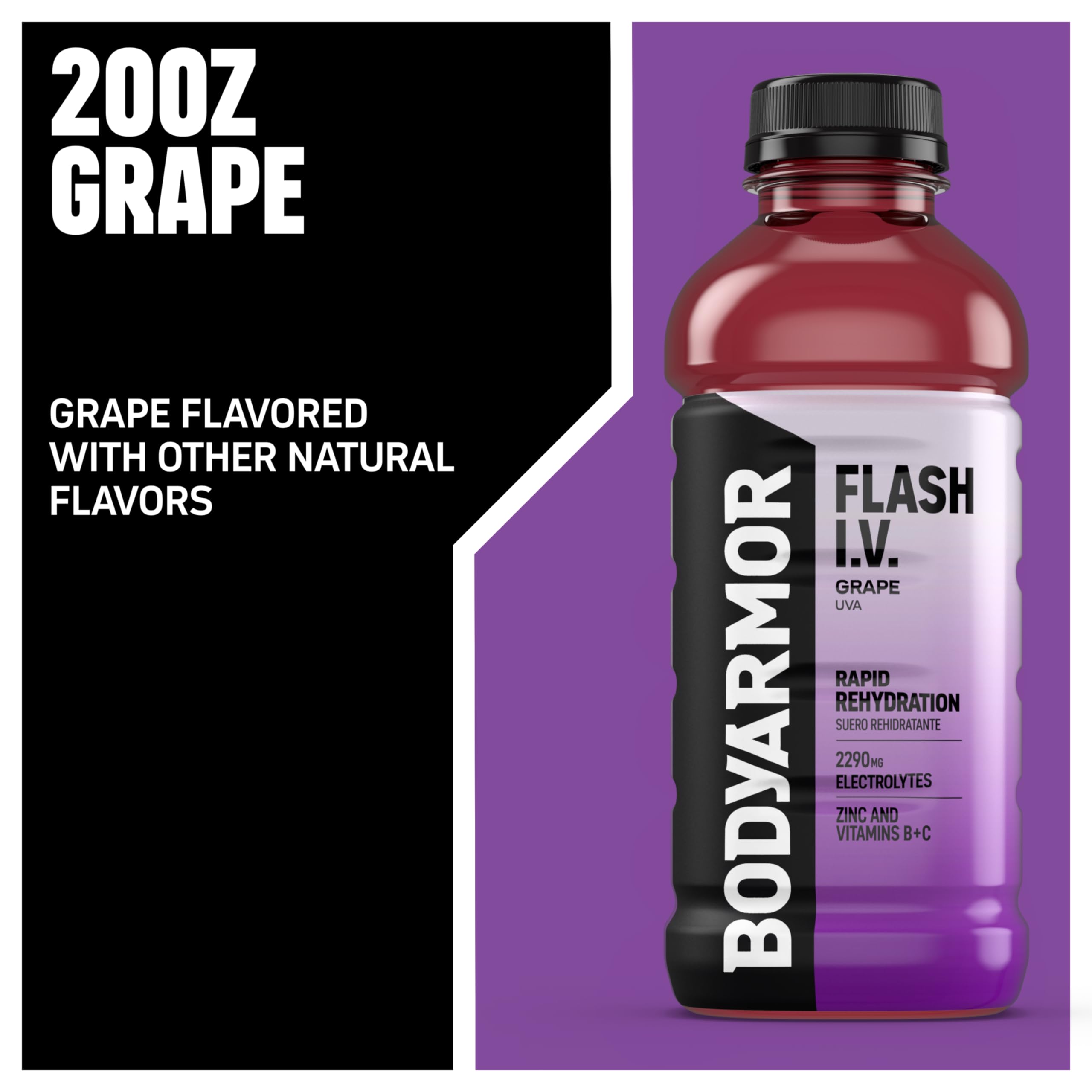 Gota y color del líquido BODYARMOR Flash I.V. Grape mostrando textura refrescante