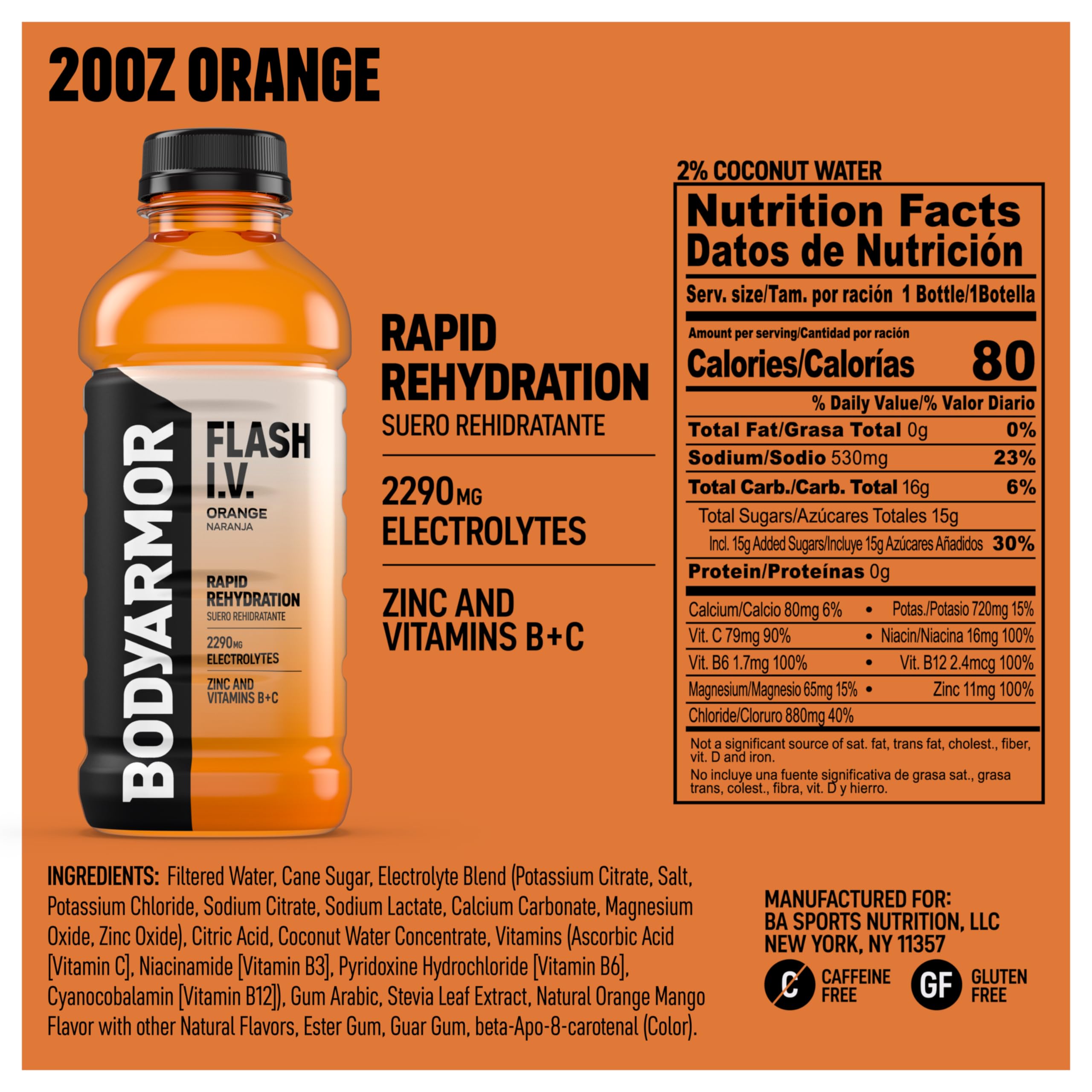 BODYARMOR Flash I.V. naranja textura del líquido y gotas, hidratación natural