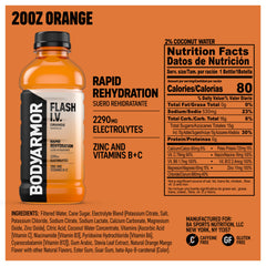 BODYARMOR Flash I.V. naranja textura del líquido y gotas, hidratación natural