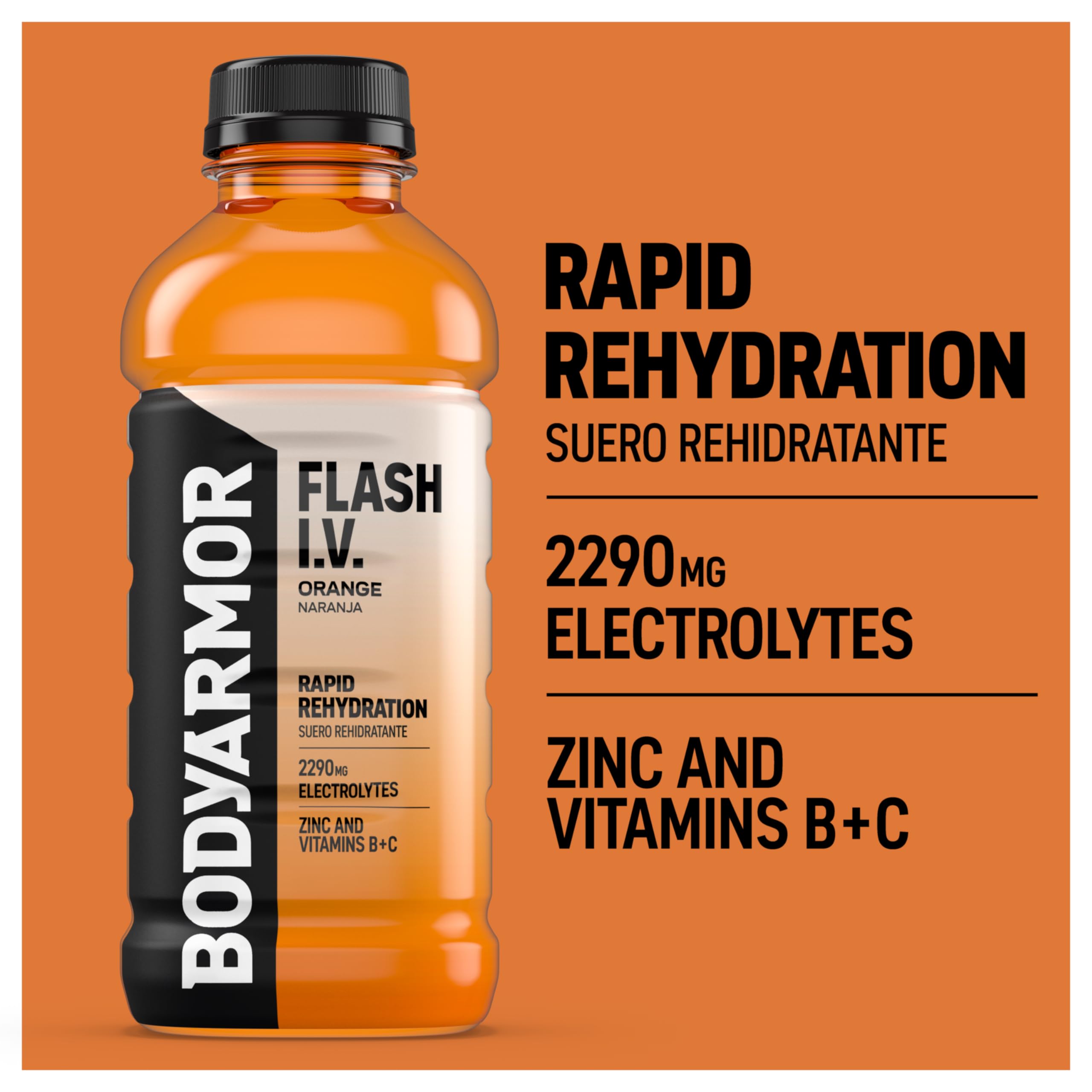 BODYARMOR Flash I.V. naranja etiqueta y lista de ingredientes clara