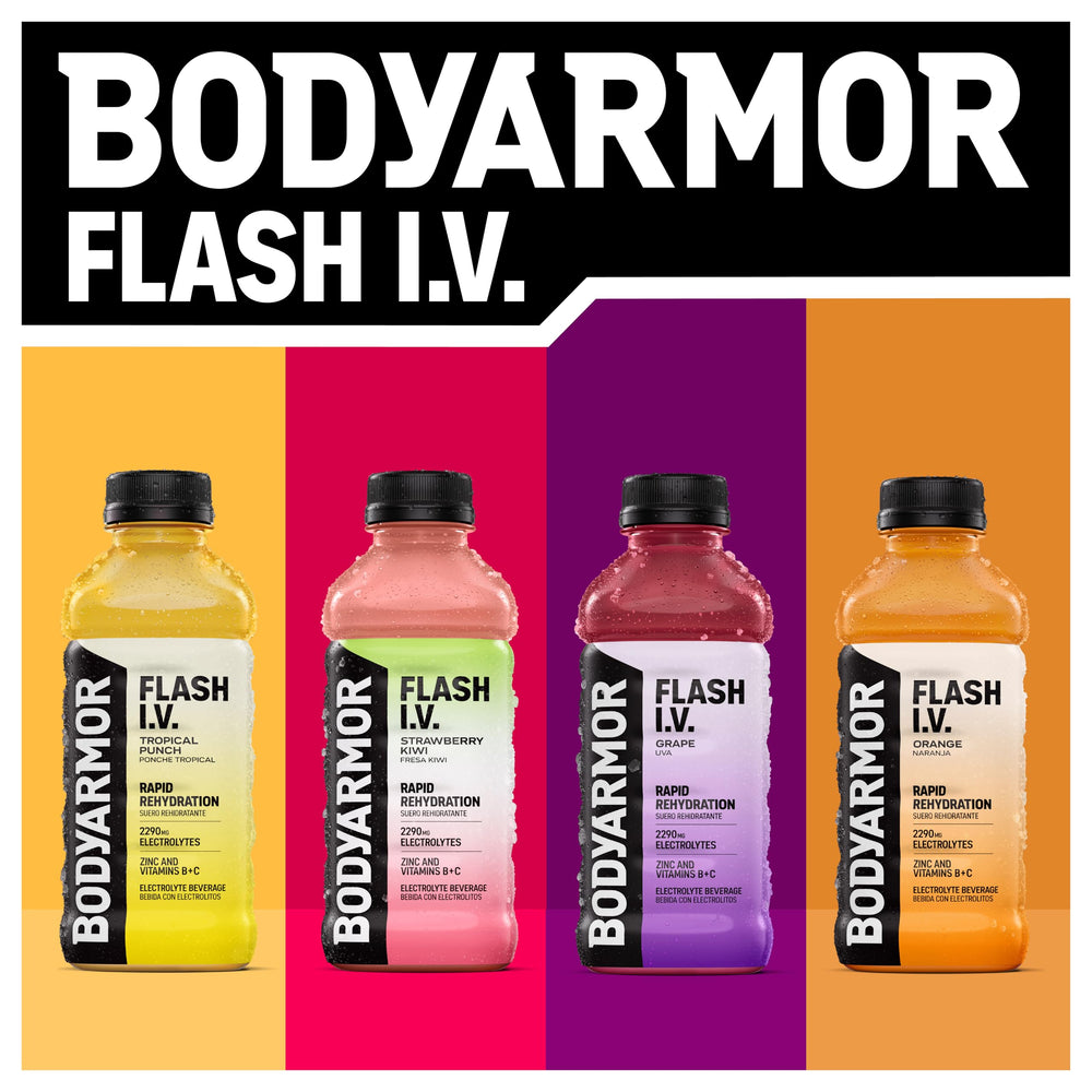 BODYARMOR pack de 12 en la nevera indicando almacenamiento y disponibilidad