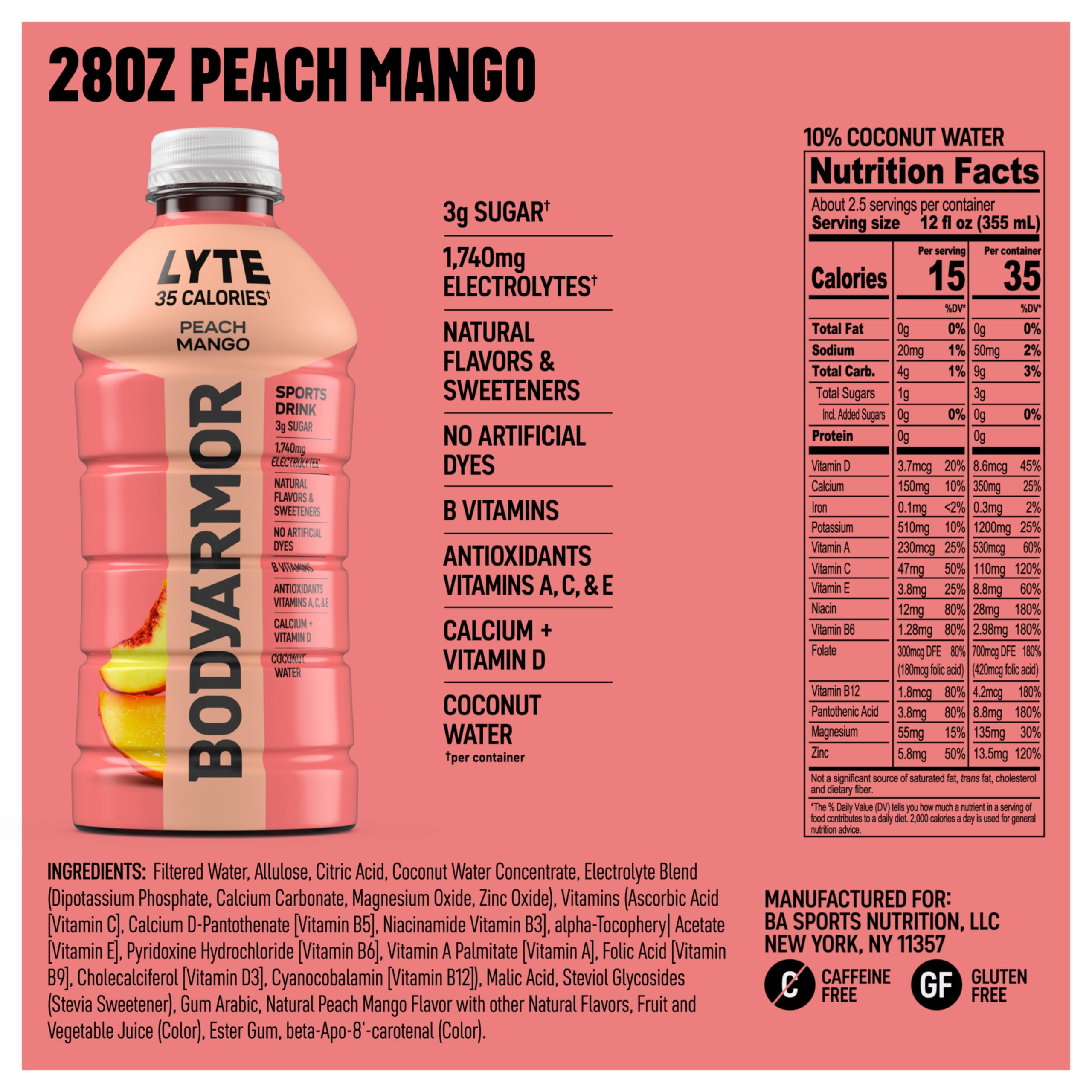 BODYARMOR Lyte detalle del líquido durazno mango resalta textura natural