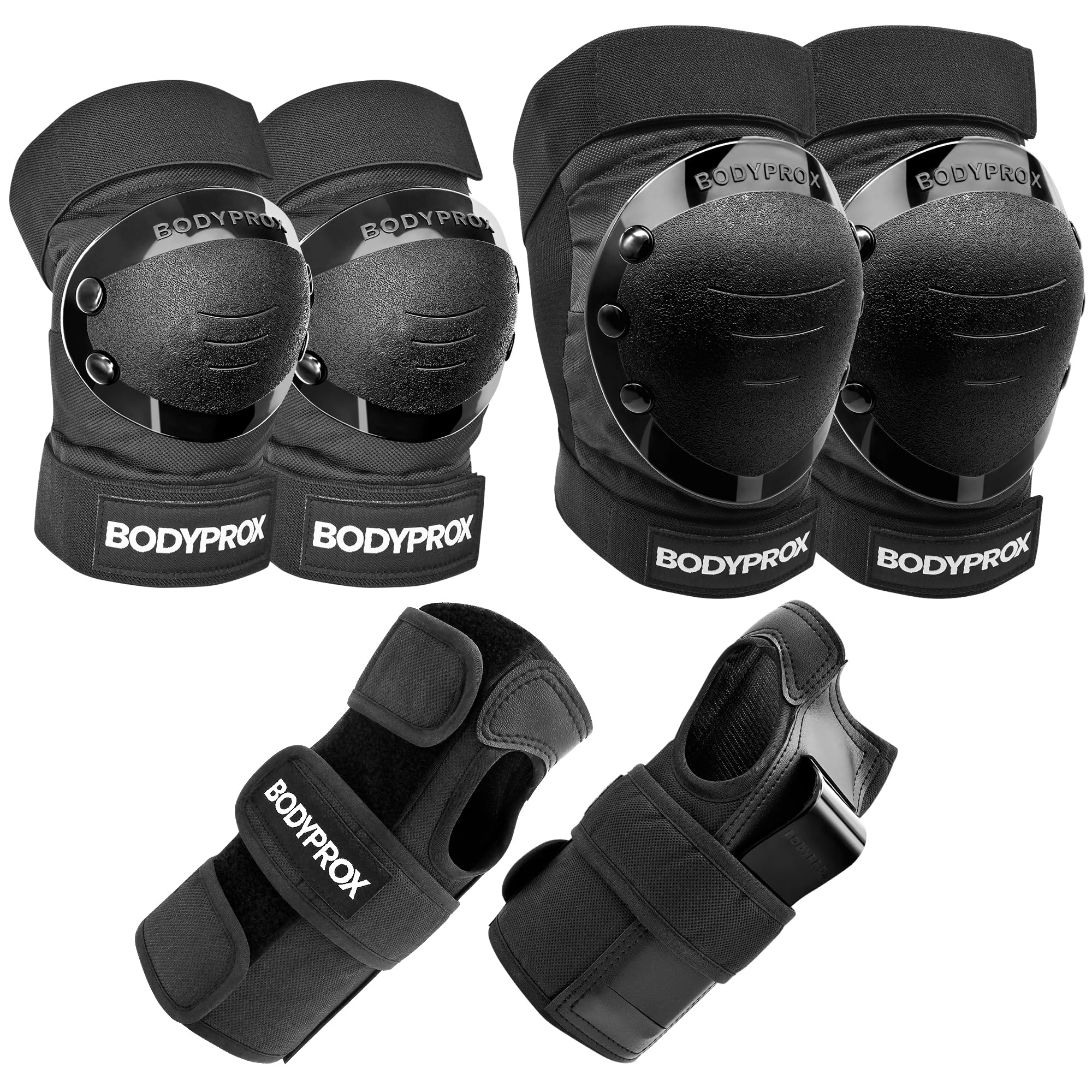 BODYPROX vista frontal del paquete mostrando rodilleras coderas y muñequeras, protección completa