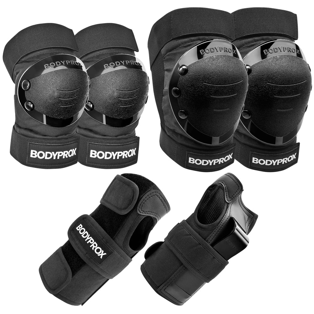 BODYPROX vista frontal del paquete mostrando rodilleras coderas y muñequeras, protección completa