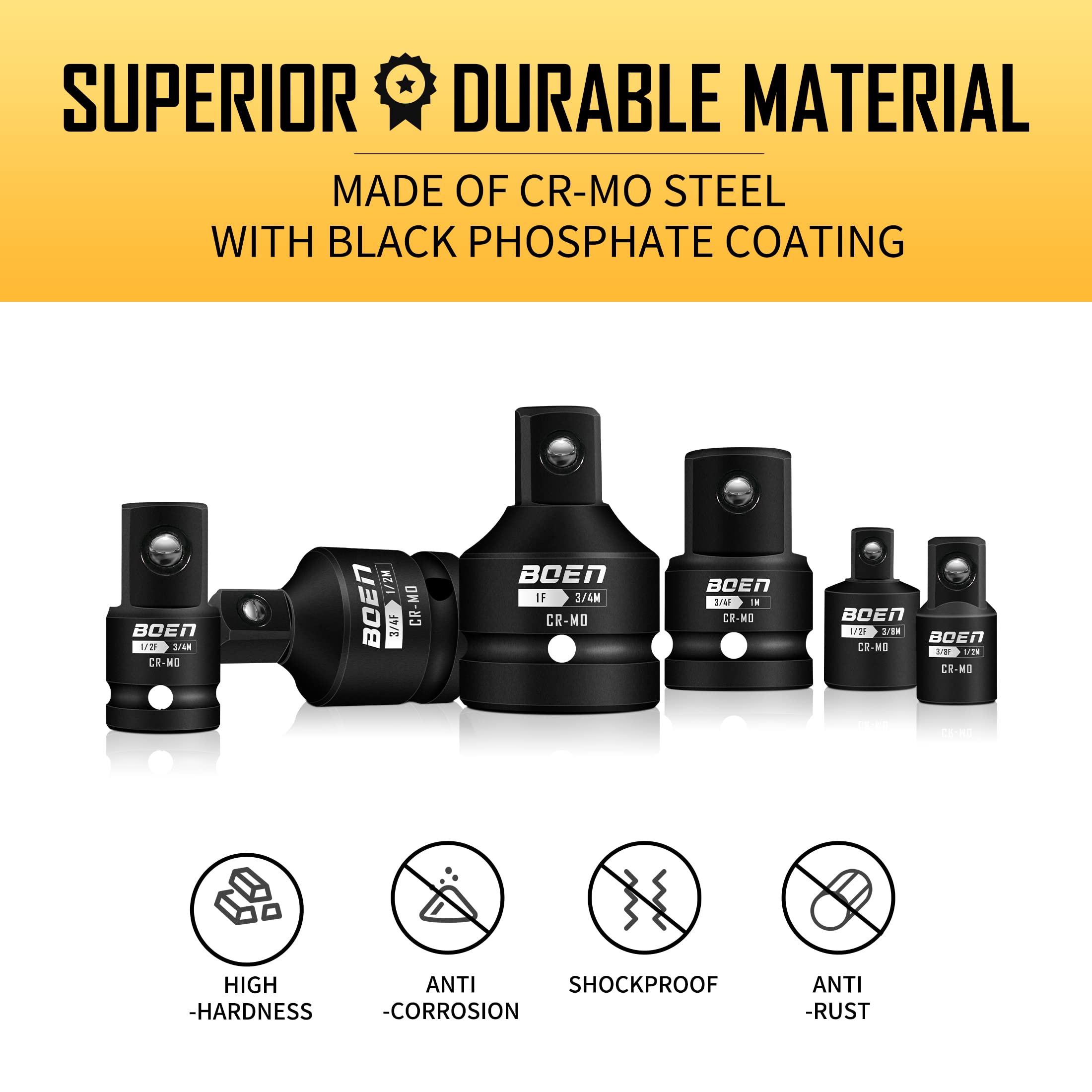boen reducers and adapters laid out illustrating included sizes and conversions