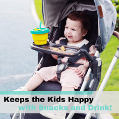 Boffinby side profile folded stroller with tray showing compact folded convenience