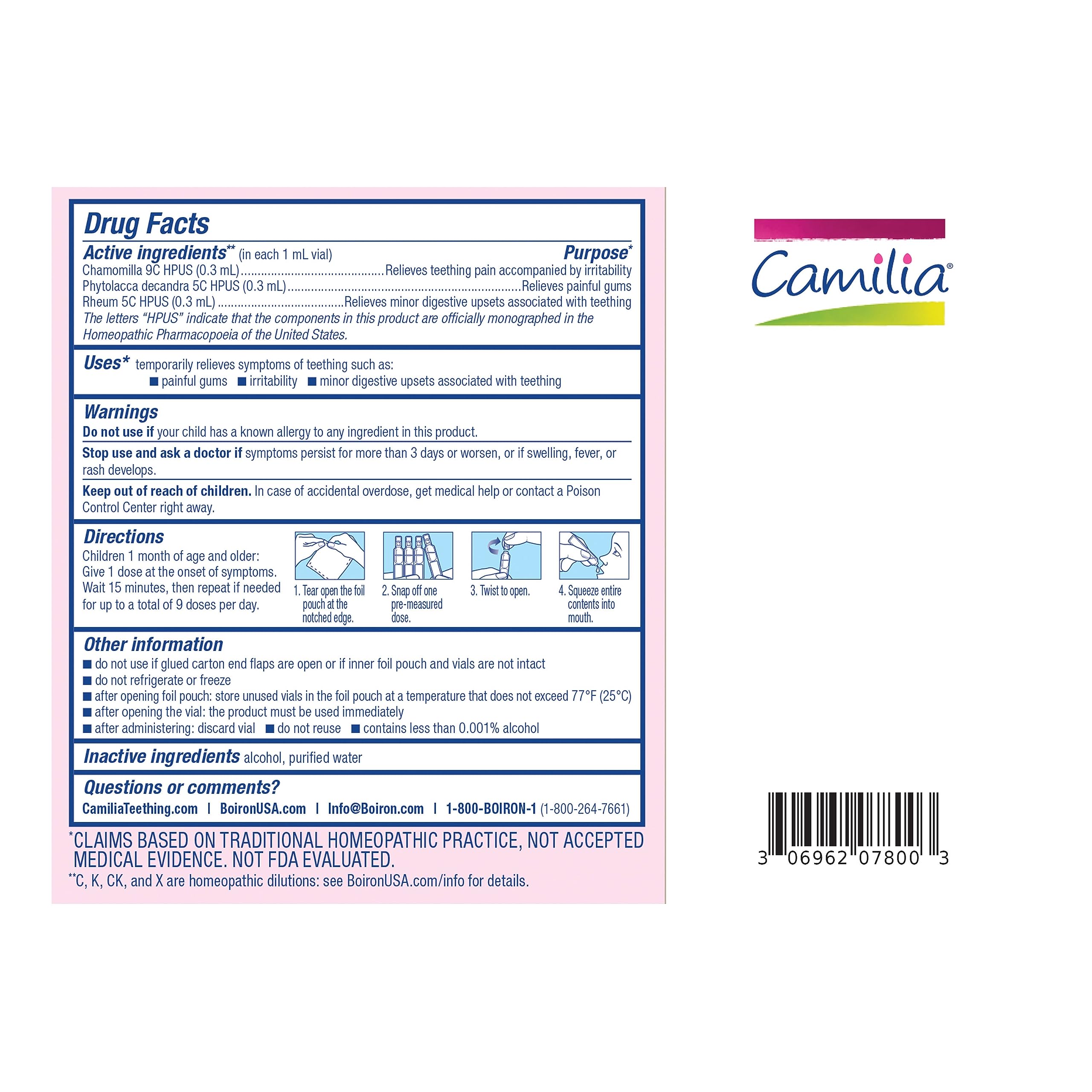 Back of Boiron Camilia package showing directions and dosing