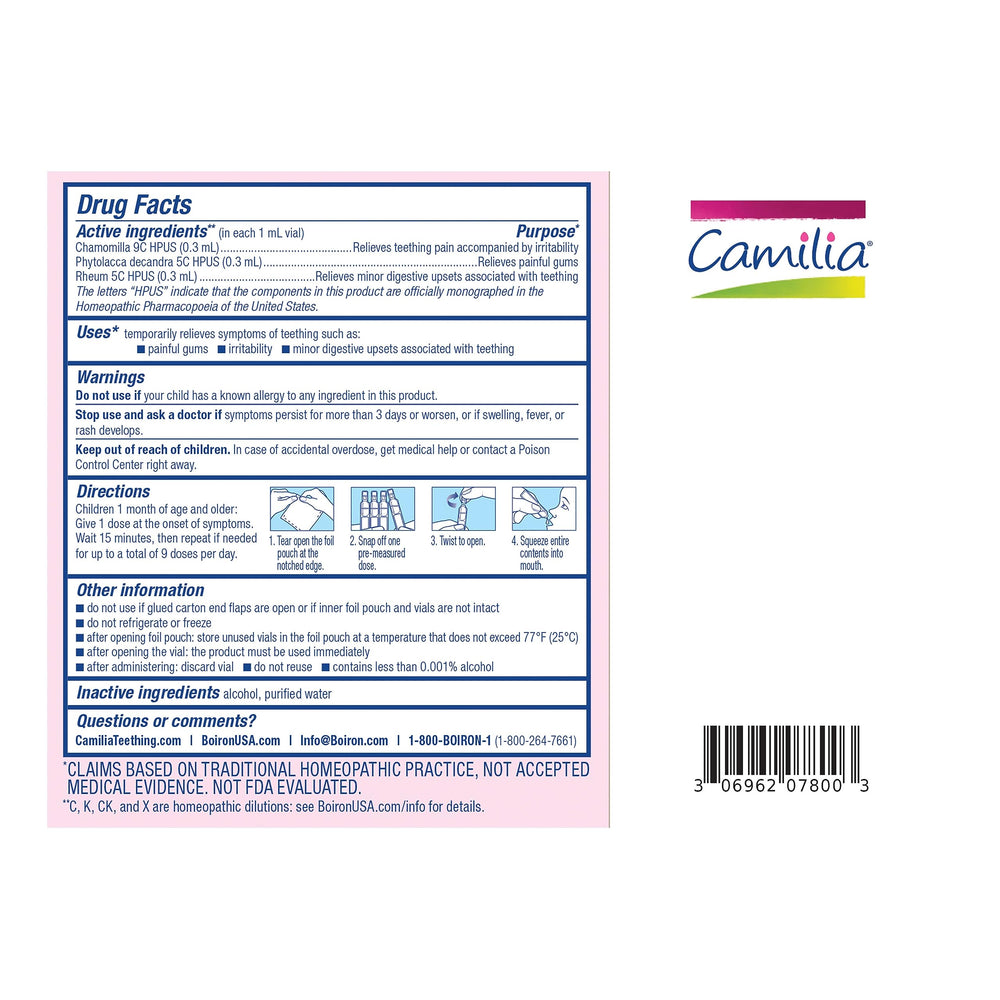 Back of Boiron Camilia package showing directions and dosing
