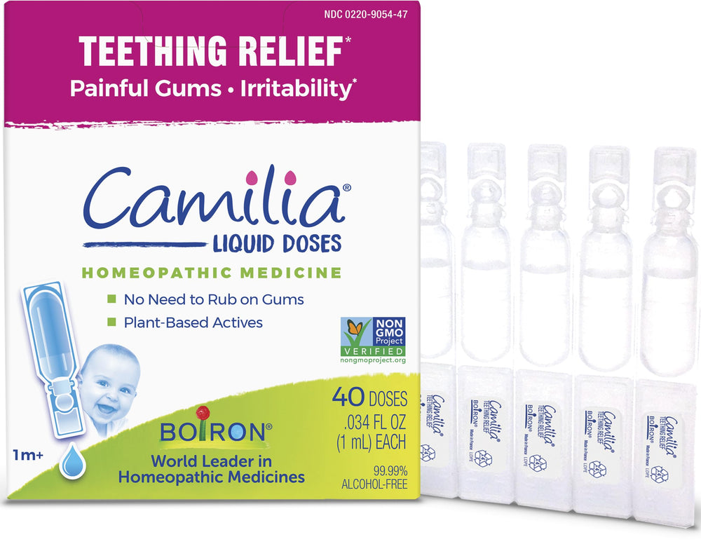 Boiron Camilia frente del empaque mostrando pack de 8x5 práctico