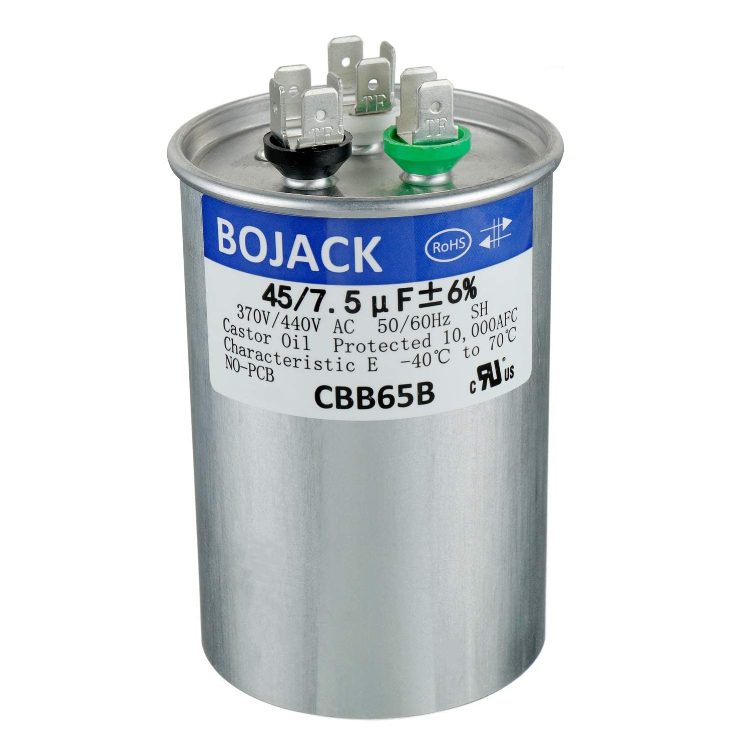 BOJACK condensador CBB65 vista frontal carcasa metálica y dimensiones claras