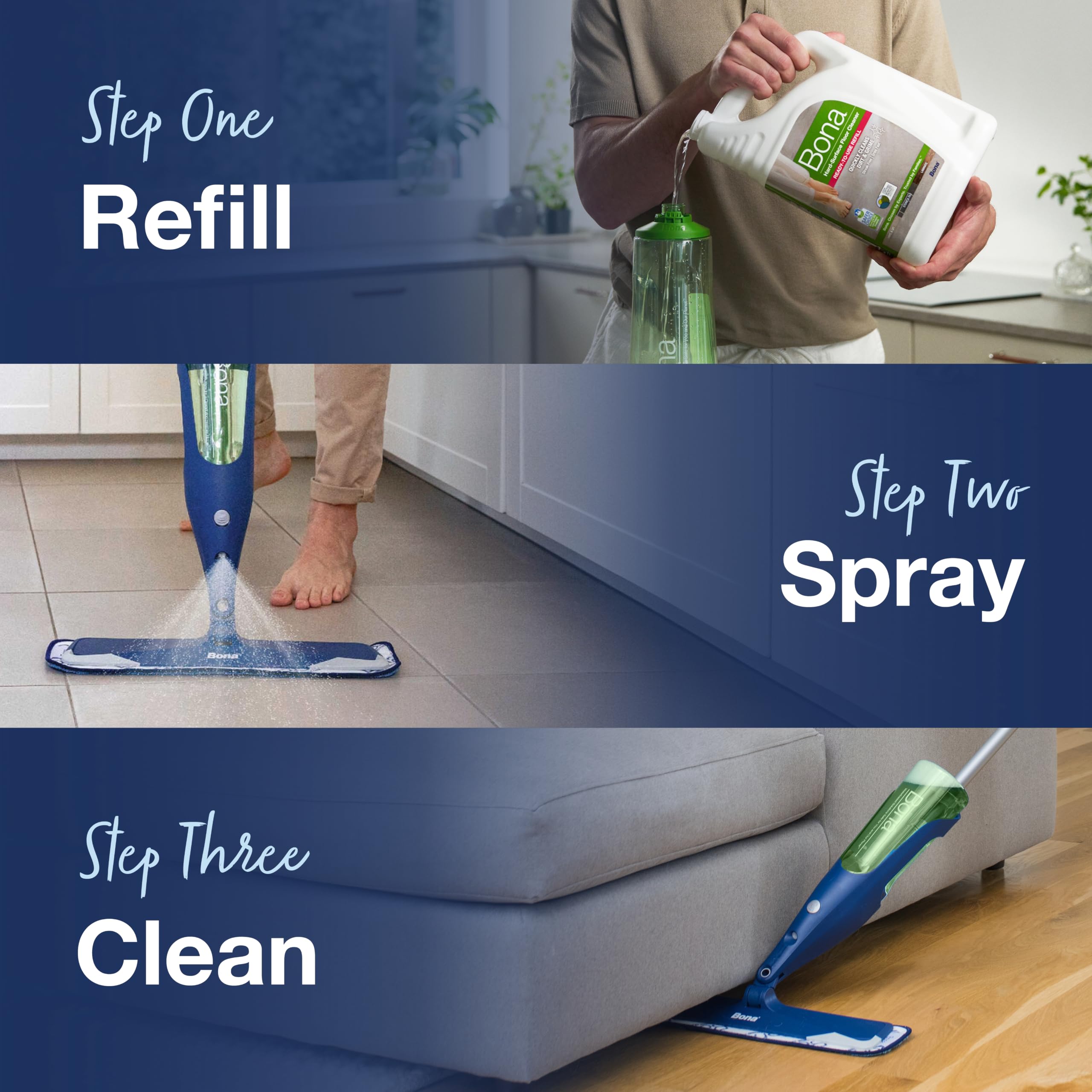 Bona en uso con mopa spray Bona limpiando suelo de vinilo sin dejar rayas