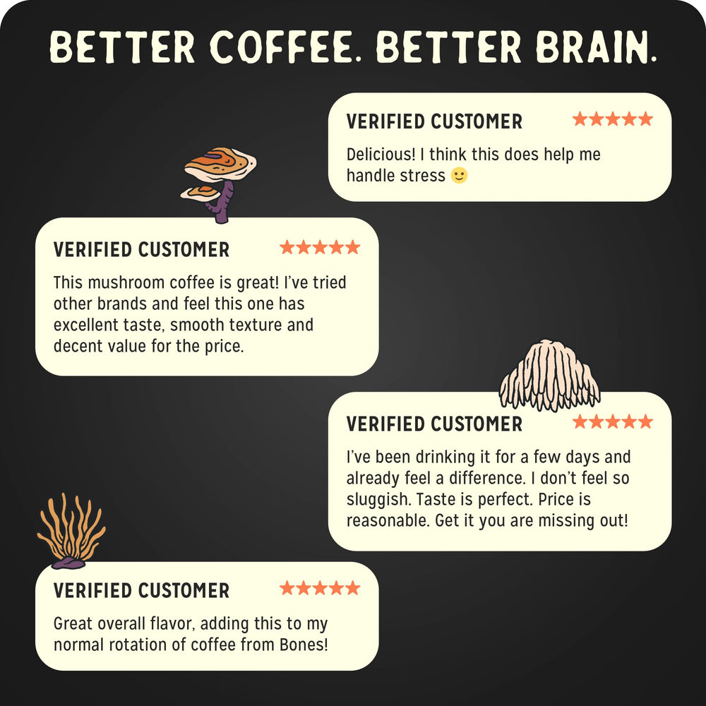 Bones Coffee etiqueta con lista de ingredientes y dosis de extractos de hongos