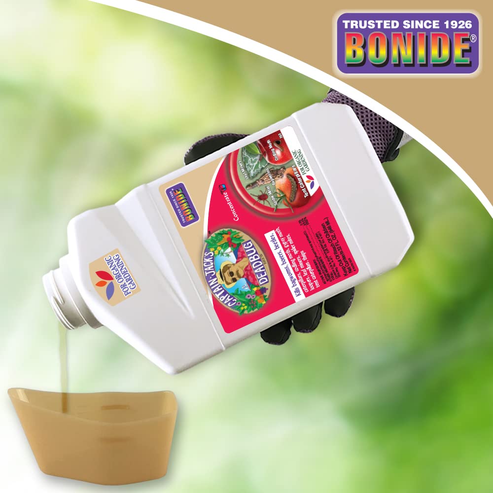 Botellas con Bonide Deadbug Brew junto a una orquídea protegida de plagas