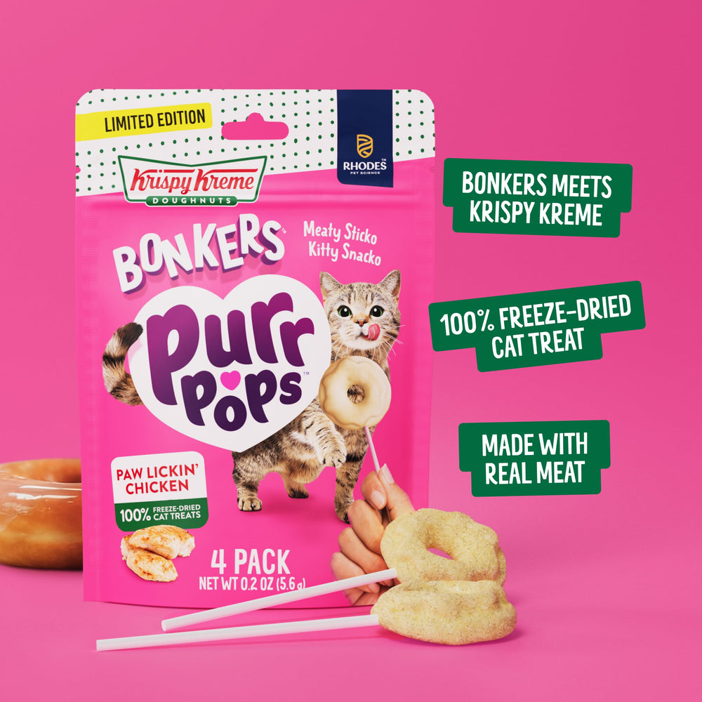 Caja abierta con 4 Bonkers Purrpops mostrando cantidad del pack