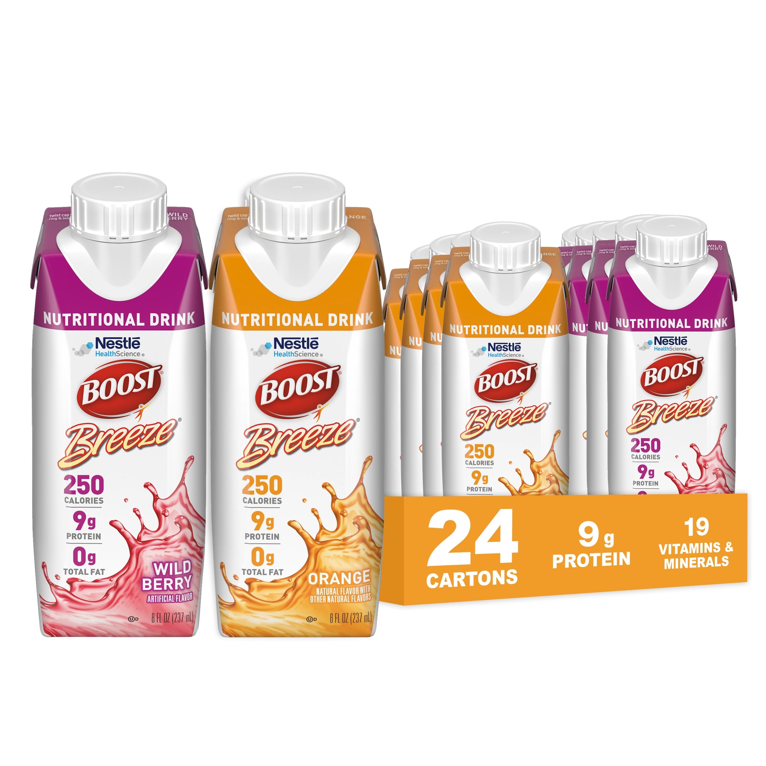 BOOST Breeze frontal del pack de 24 botellas mostrando sabores y etiqueta