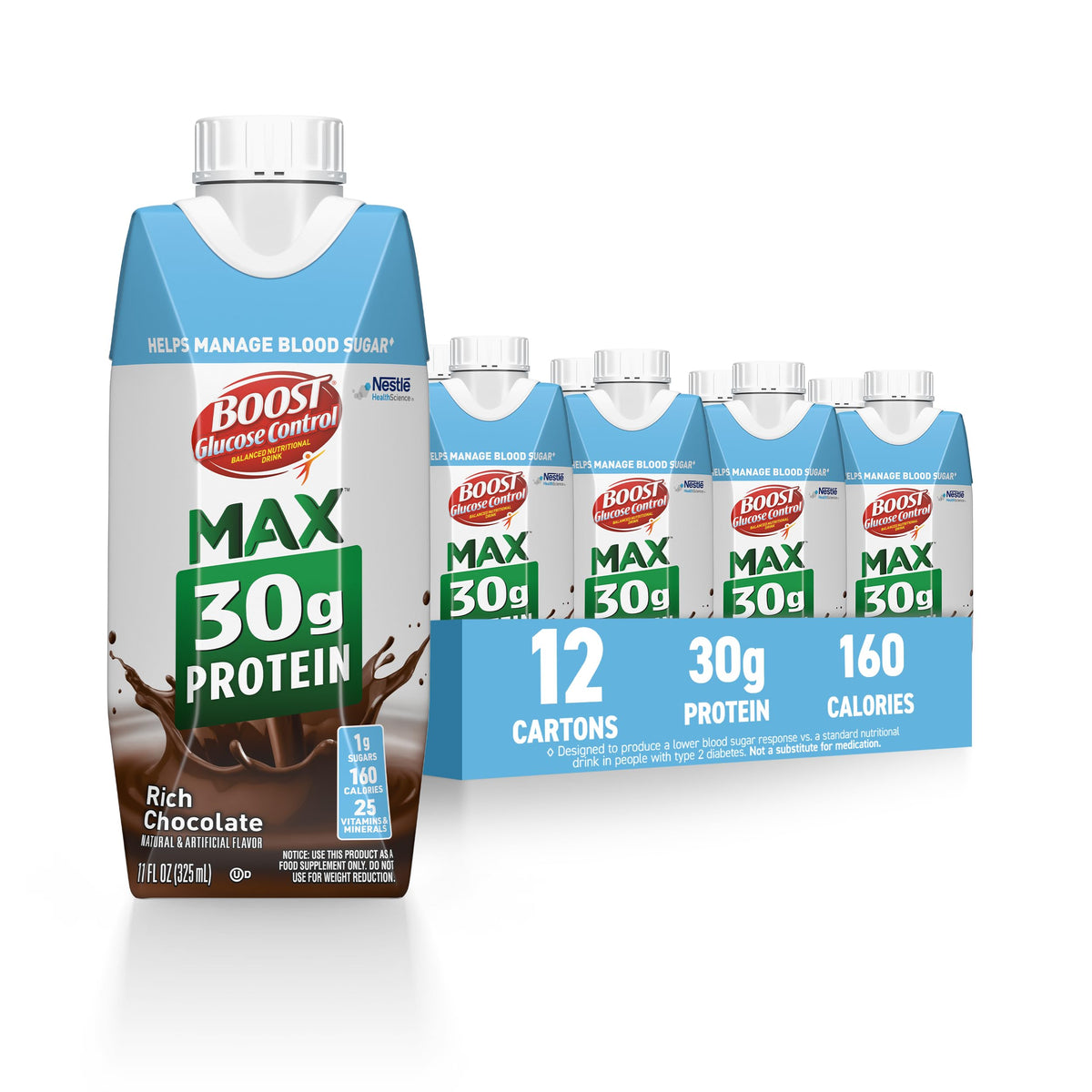 BOOST front packaging showing rich chocolate bottle and nutrition highlights