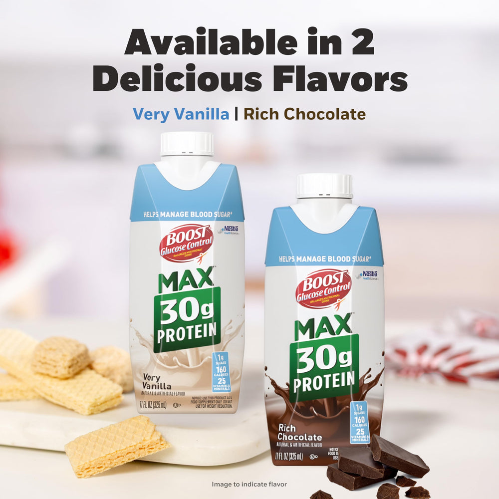 BOOST bottle on kitchen counter with snack implying balanced meal replacement