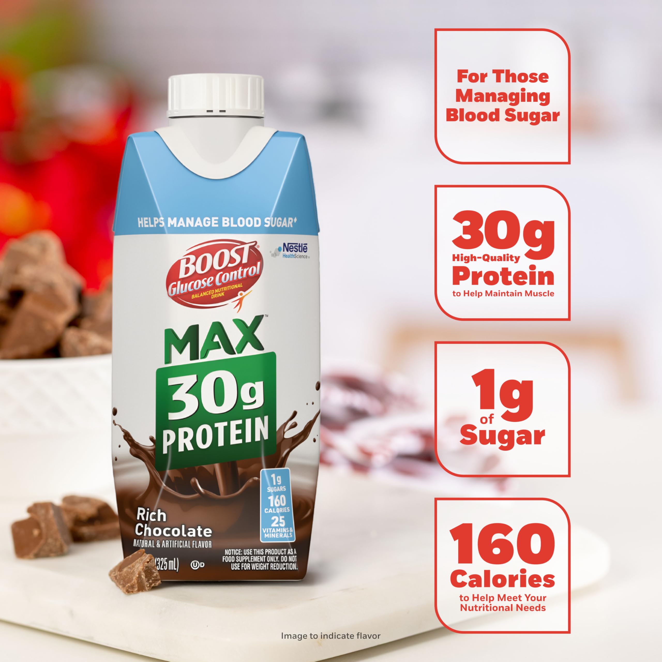 BOOST pour showing smooth chocolate texture and protein-rich consistency