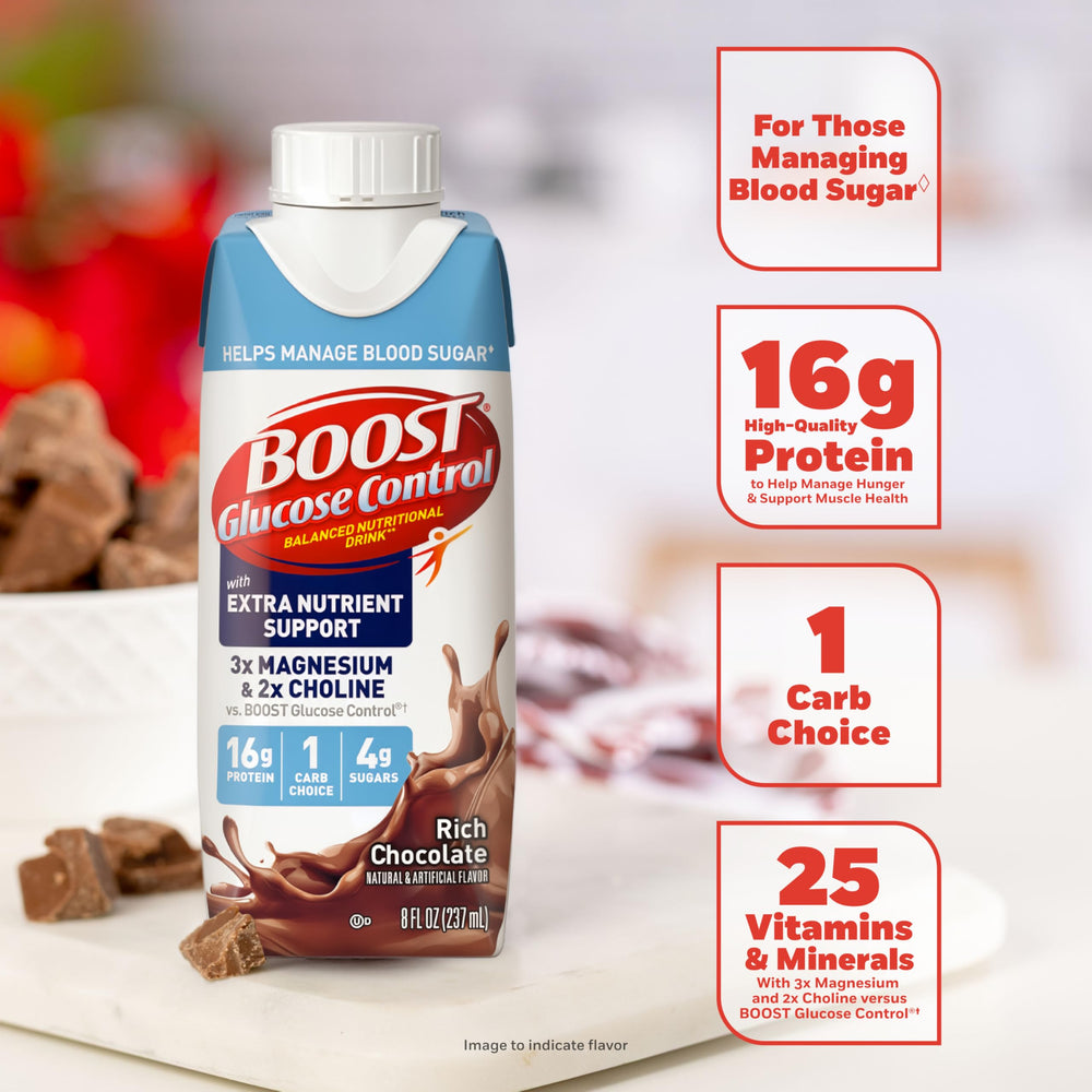 BOOST textura del líquido en vaso destacando apariencia cremosa y sabor chocolate