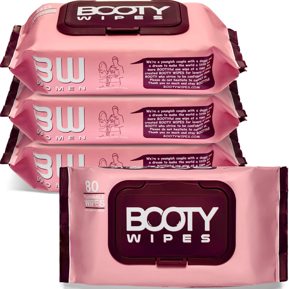 BOOTY WIPES frente del paquete mostrando cantidad y resealable, conveniencia inmediata
