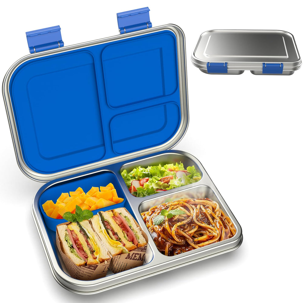 BOSEDSANG front view of blue bento box showing compartments and secure design benefit organization