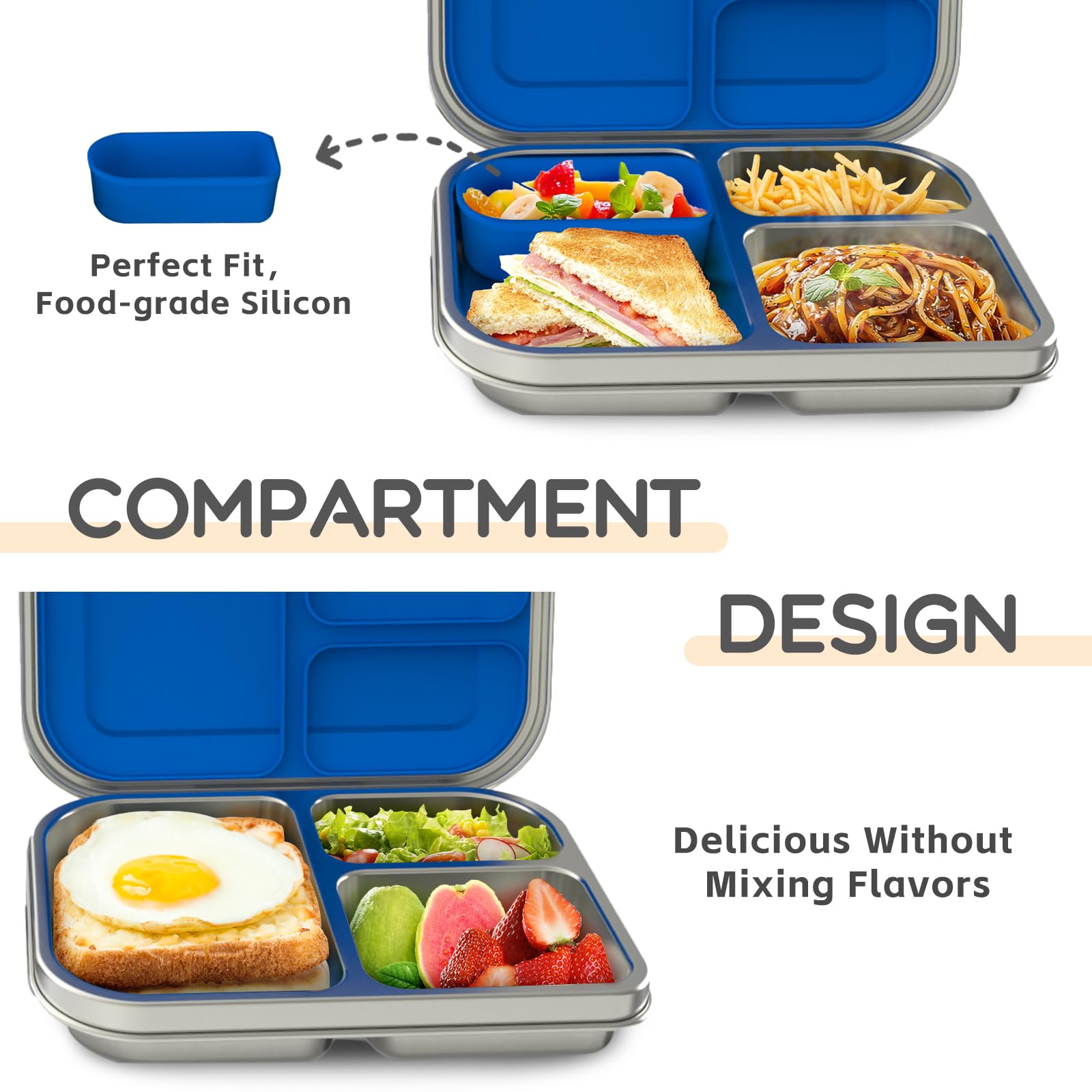 BOSEDSANG open bento with silicone pot demonstrating leak-resistant storage for sauces