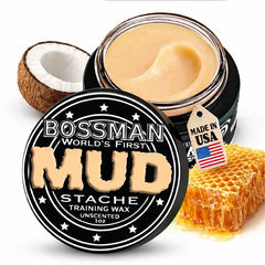 Bossman envase frontal MUD Mustache Wax mostrando fijación fuerte