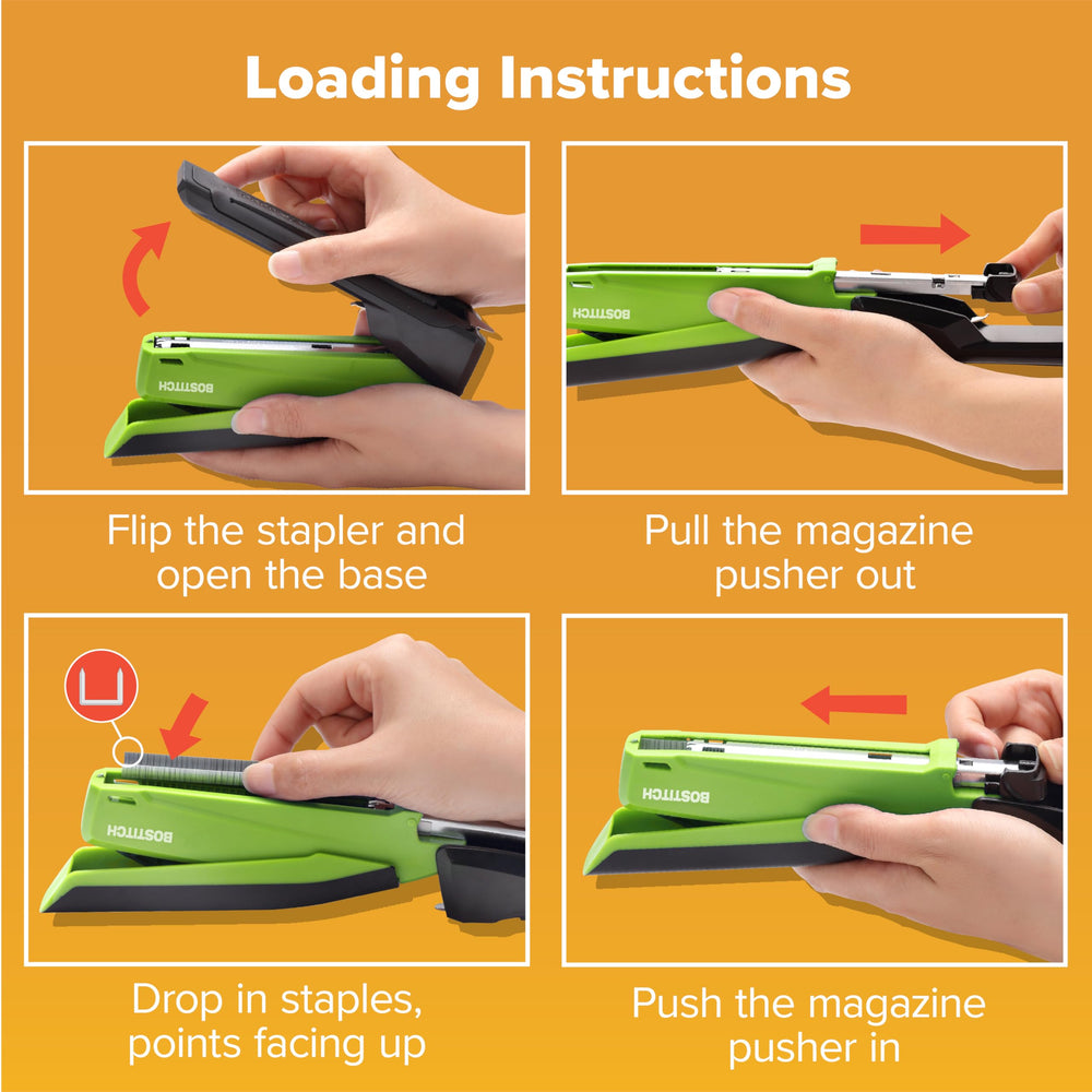 Bostitch comparación de tamaño junto a folios y bolígrafo, idea clara de escala