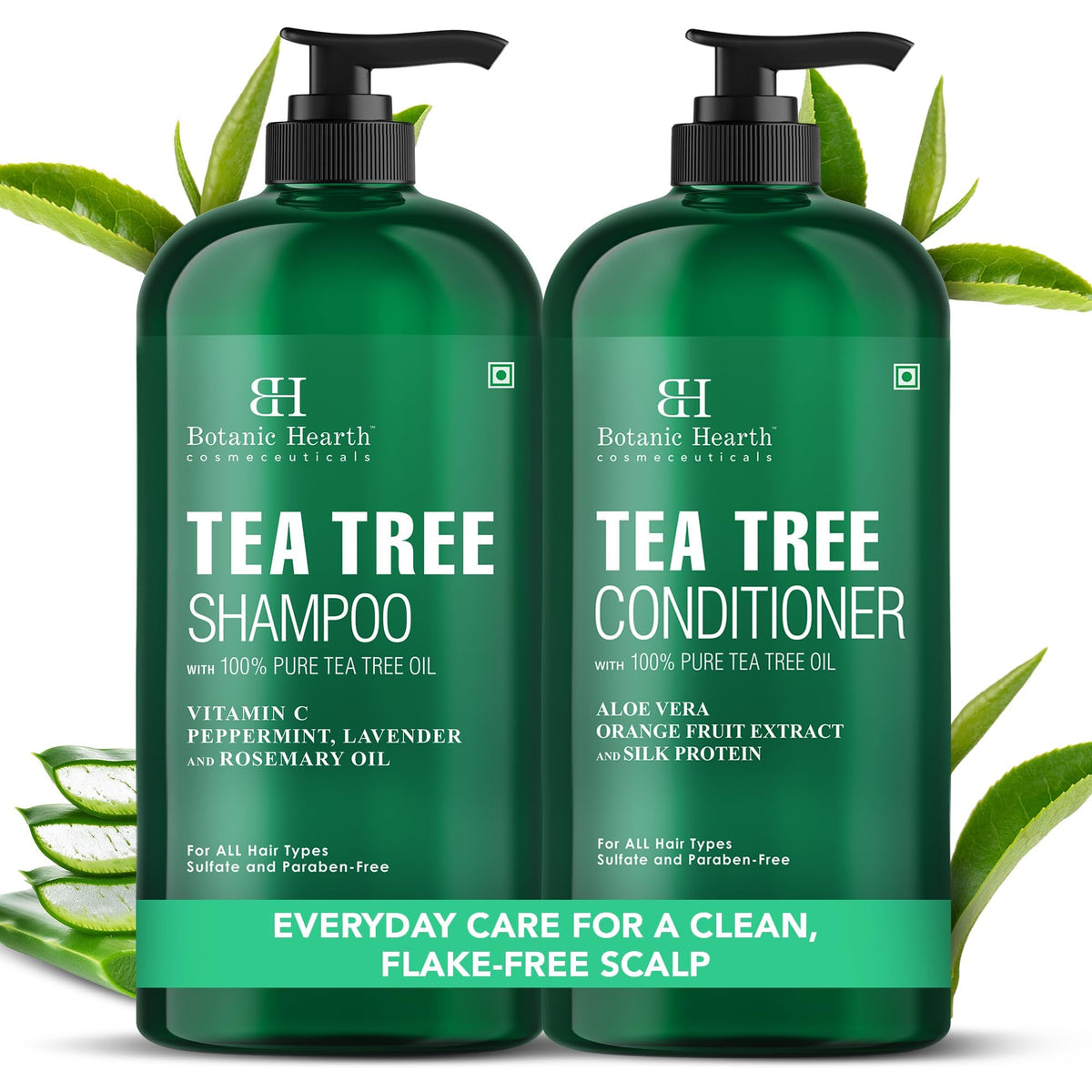 Botanic Hearth set frontal mostrando champú y acondicionador, apariencia profesional y clara