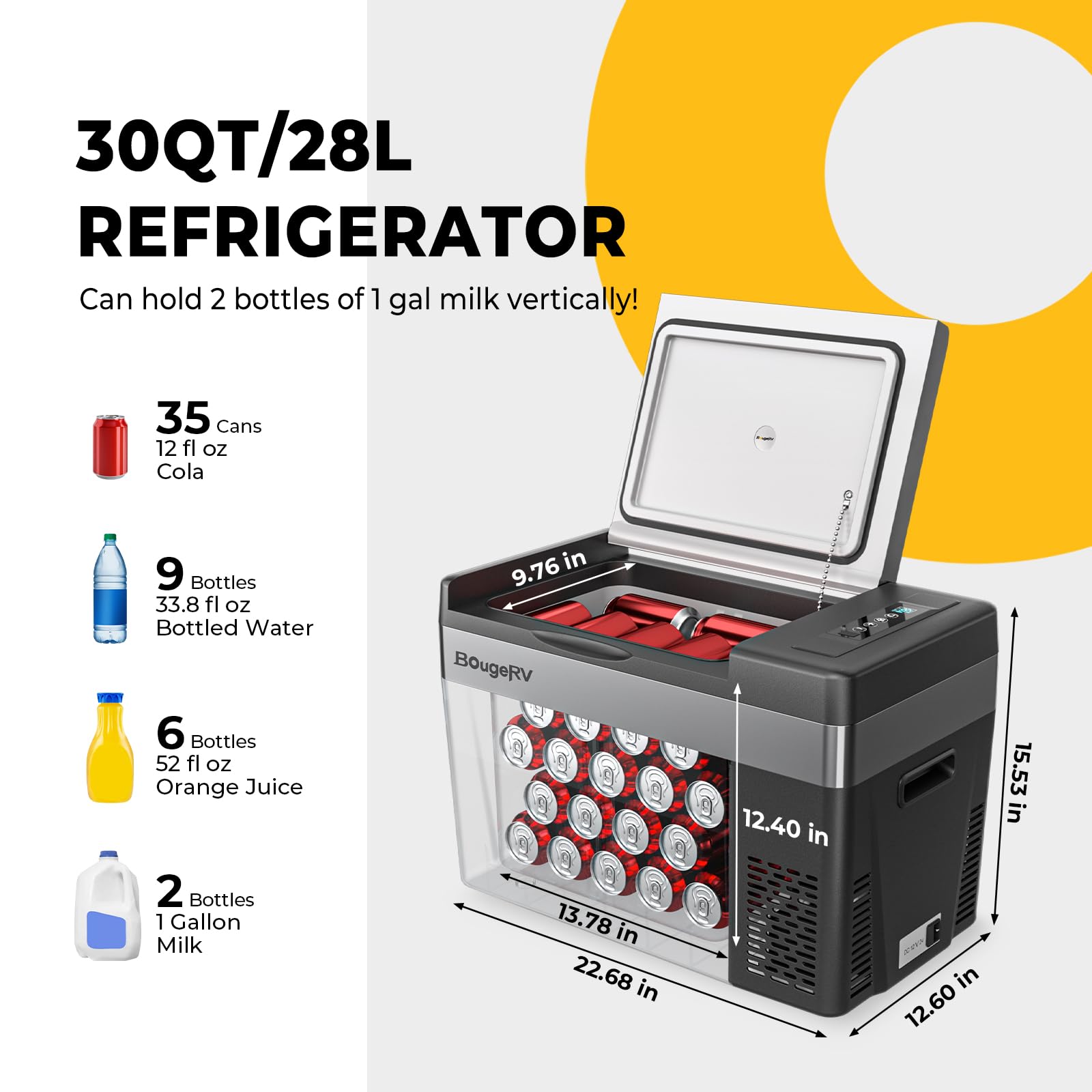 BougeRV CR28 al lado de accesorios para comparar tamaño y capacidad