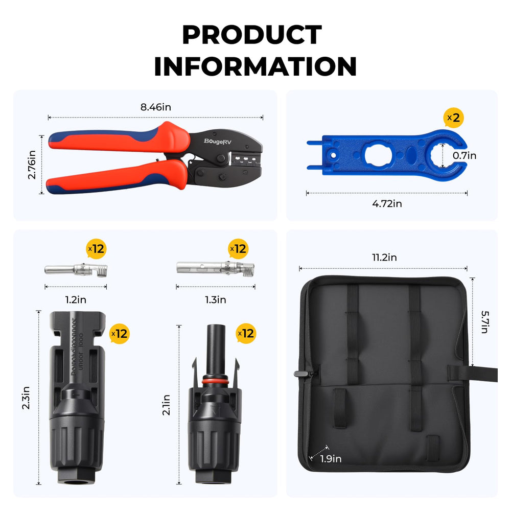 BougeRV 12 pairs of PV connectors laid out showing size options and weatherproof design