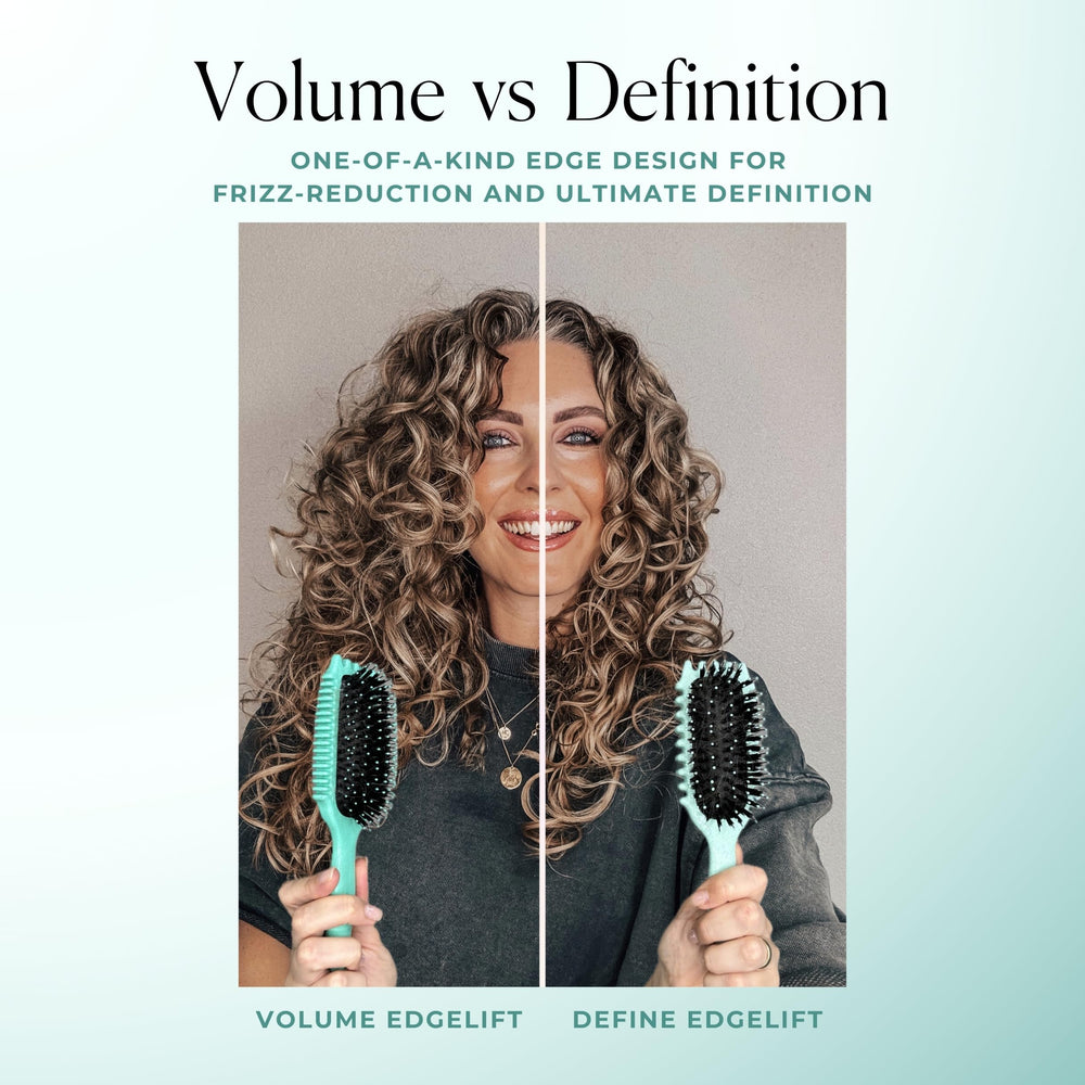 Bounce Curl brush held in hand to show scale and comfortable, travel-ready size