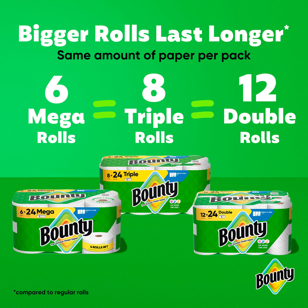 Bounty comparación de tamaño con rollo regular para más duración