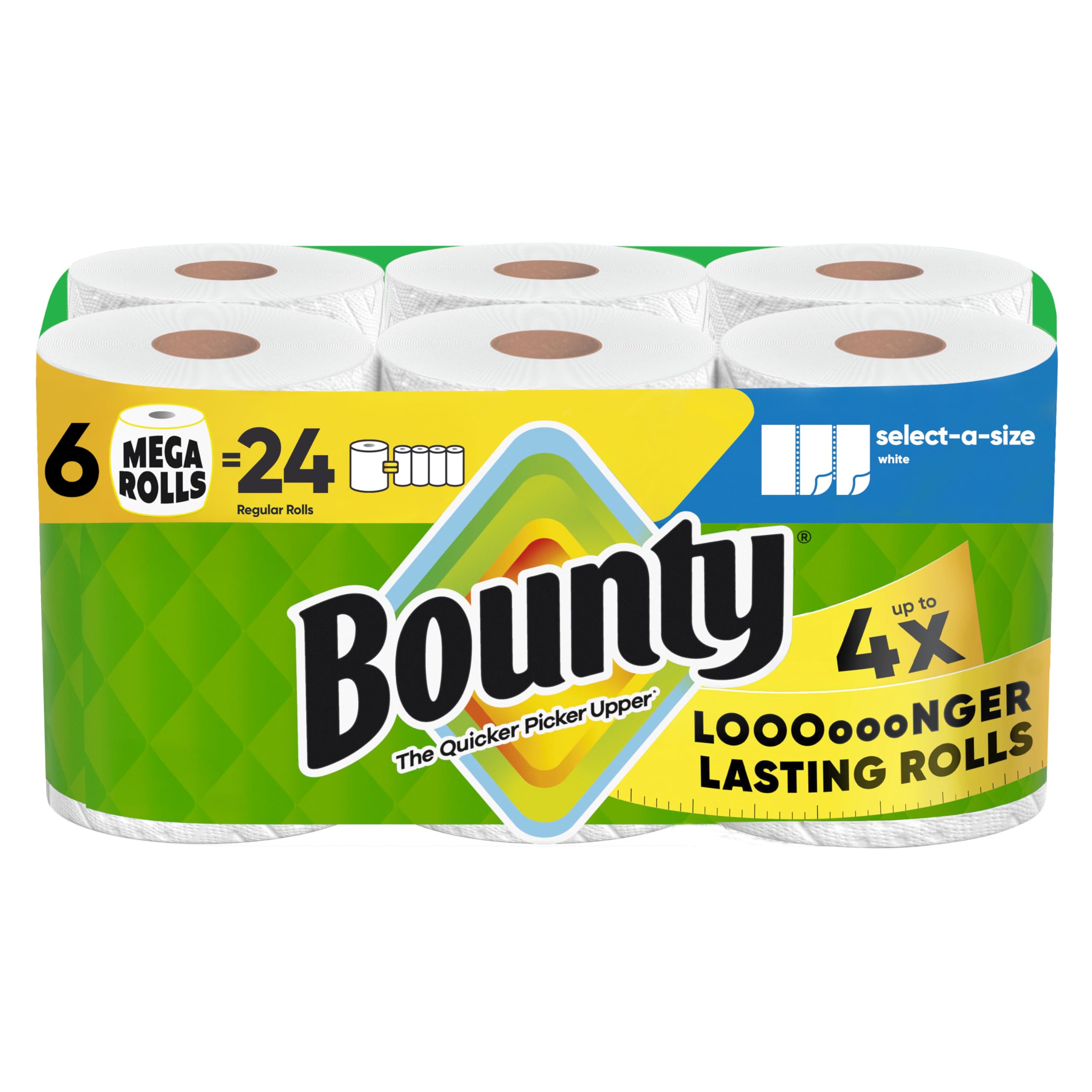 Bounty empaque frontal 6 Mega Rolls mostrando ahorro y cantidad