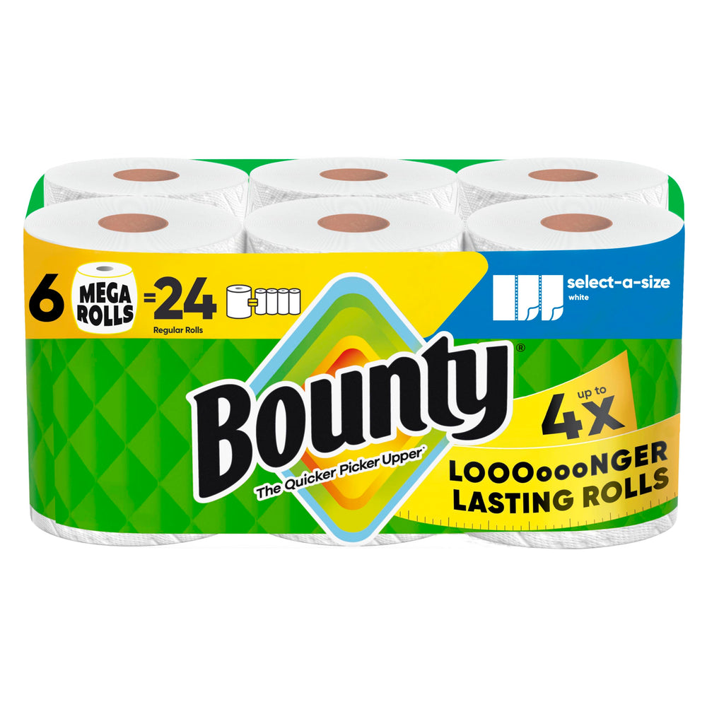 Bounty empaque frontal 6 Mega Rolls mostrando ahorro y cantidad